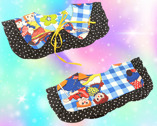 Handmade, Upcycled, Reversible Sailor Collar with Frill Made With a Raggedy Ann Bedsheet and Blue Floral Fabrics