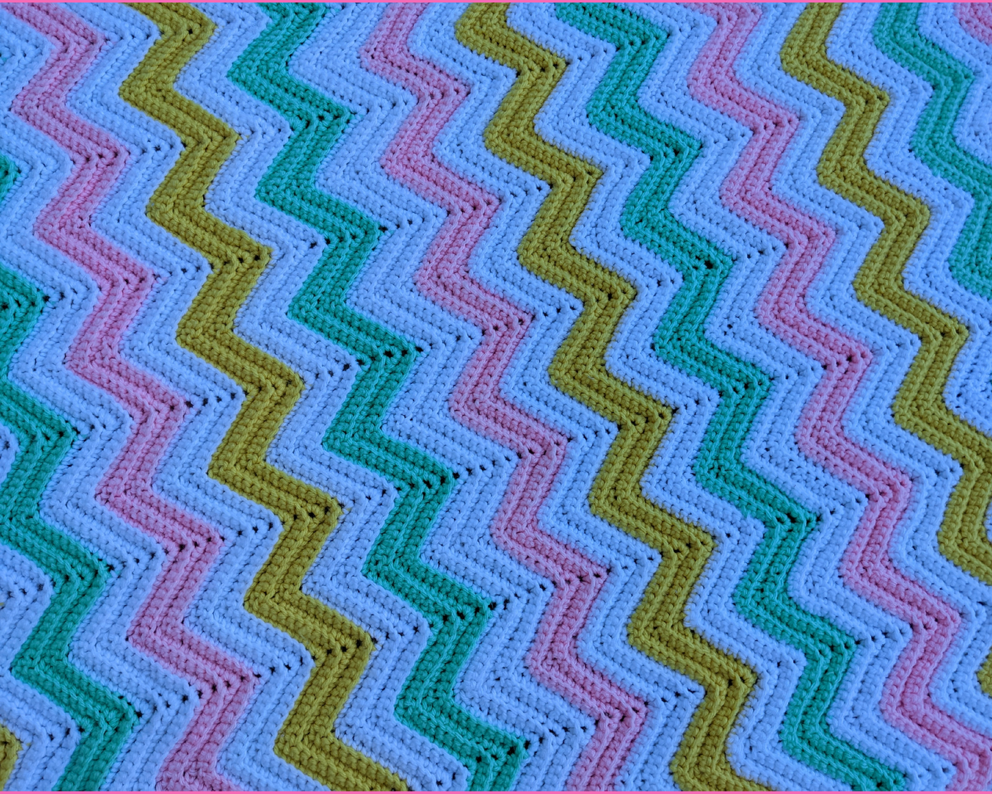 Vintage 1960's Pink, Green, Yellow and White Wool Crochet Blanket