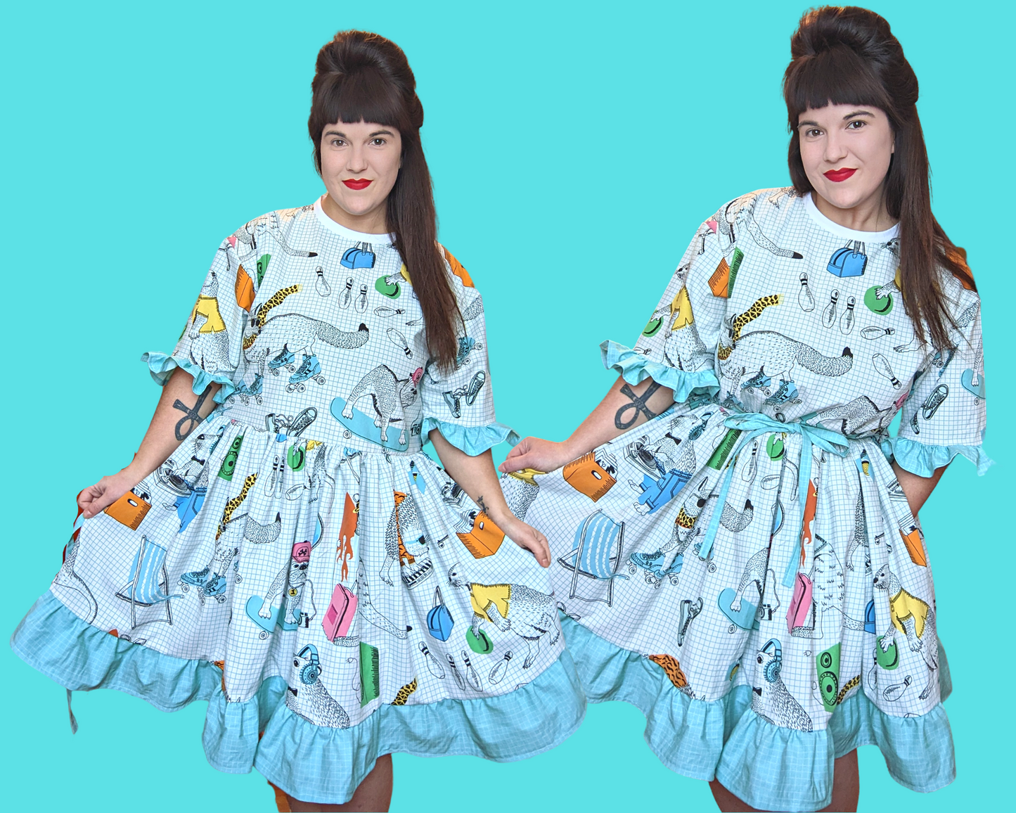 Fait à la main, Upcycled Vintage 1990's Inspiré Coloré, Animal Print Bedsheet T-Shirt Dress Fits SML-XL