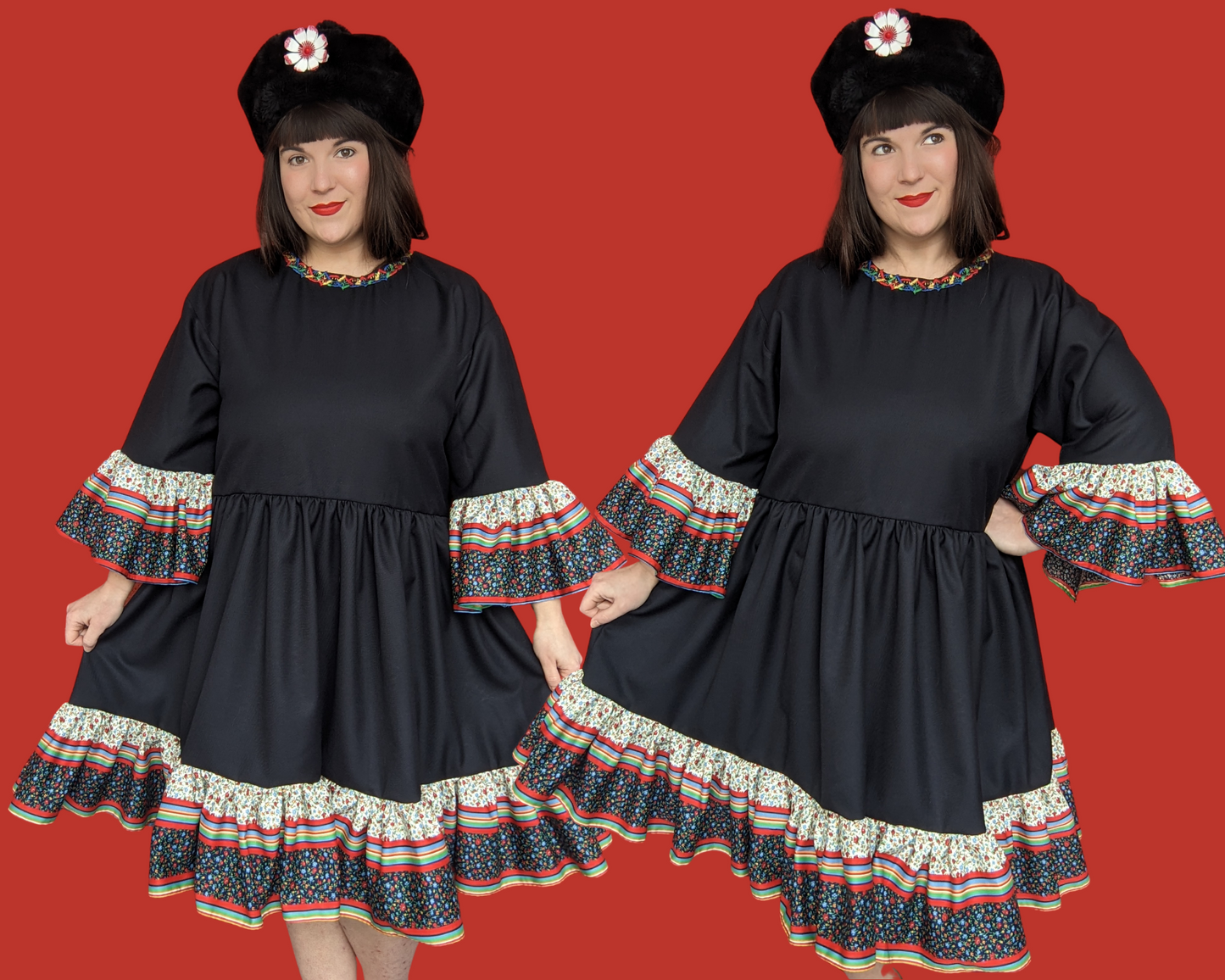 Handmade, Upcycled Black Fabric with Vintage 1970's Floral Fabric T-Shirt Dress Fits S-M-L-XL