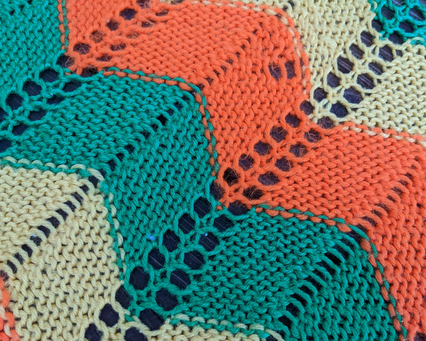 Vintage 1970's Green, Orange and Yellow Wool Crochet Blanket