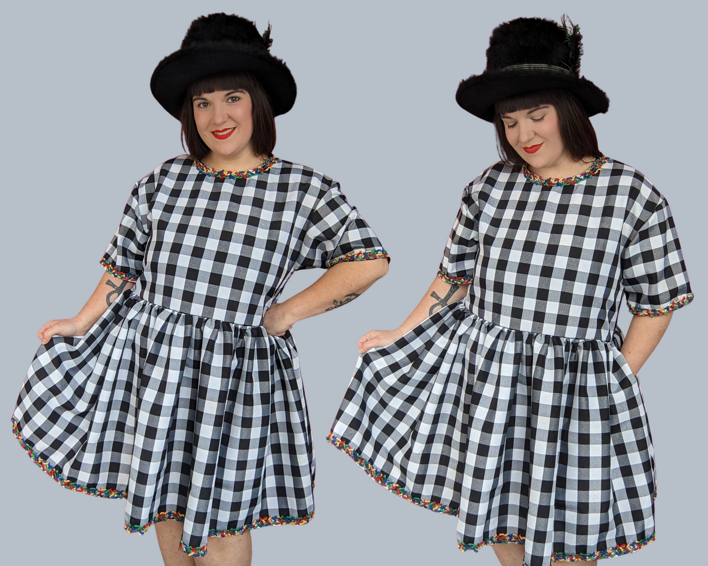Handmade, Upcycled Black and White Checkers Patterned Table Cloth T-Shirt Dress Fits S-M-L-XL