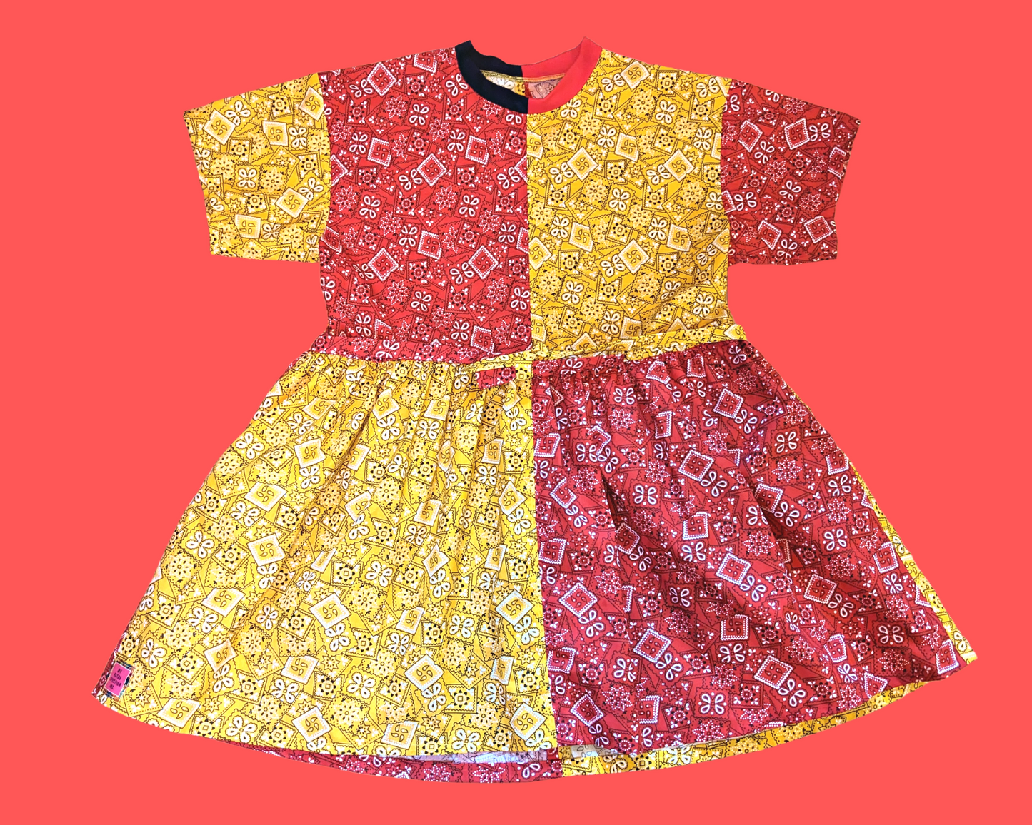 Handmade, Upcycled Mix-Matched Yellow and Red Paisley, Bandana Styled Fabric T-Shirt Dress Fits S-M-L-XL
