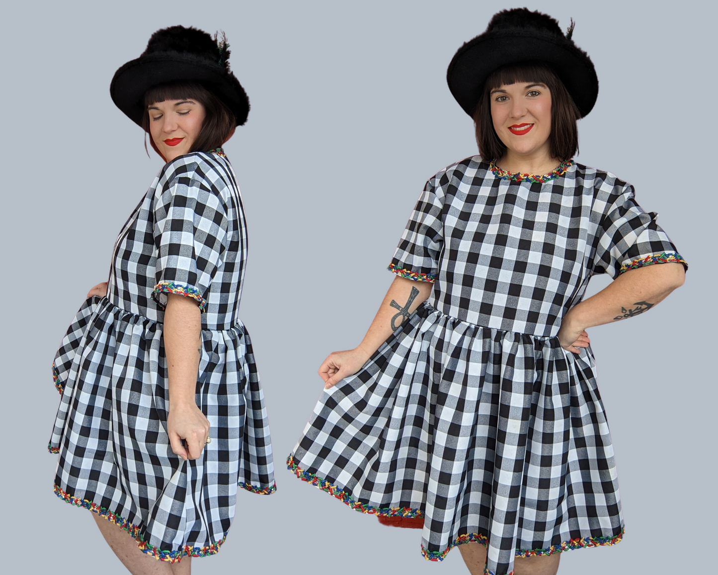 Handmade, Upcycled Black and White Checkers Patterned Table Cloth T-Shirt Dress Fits S-M-L-XL