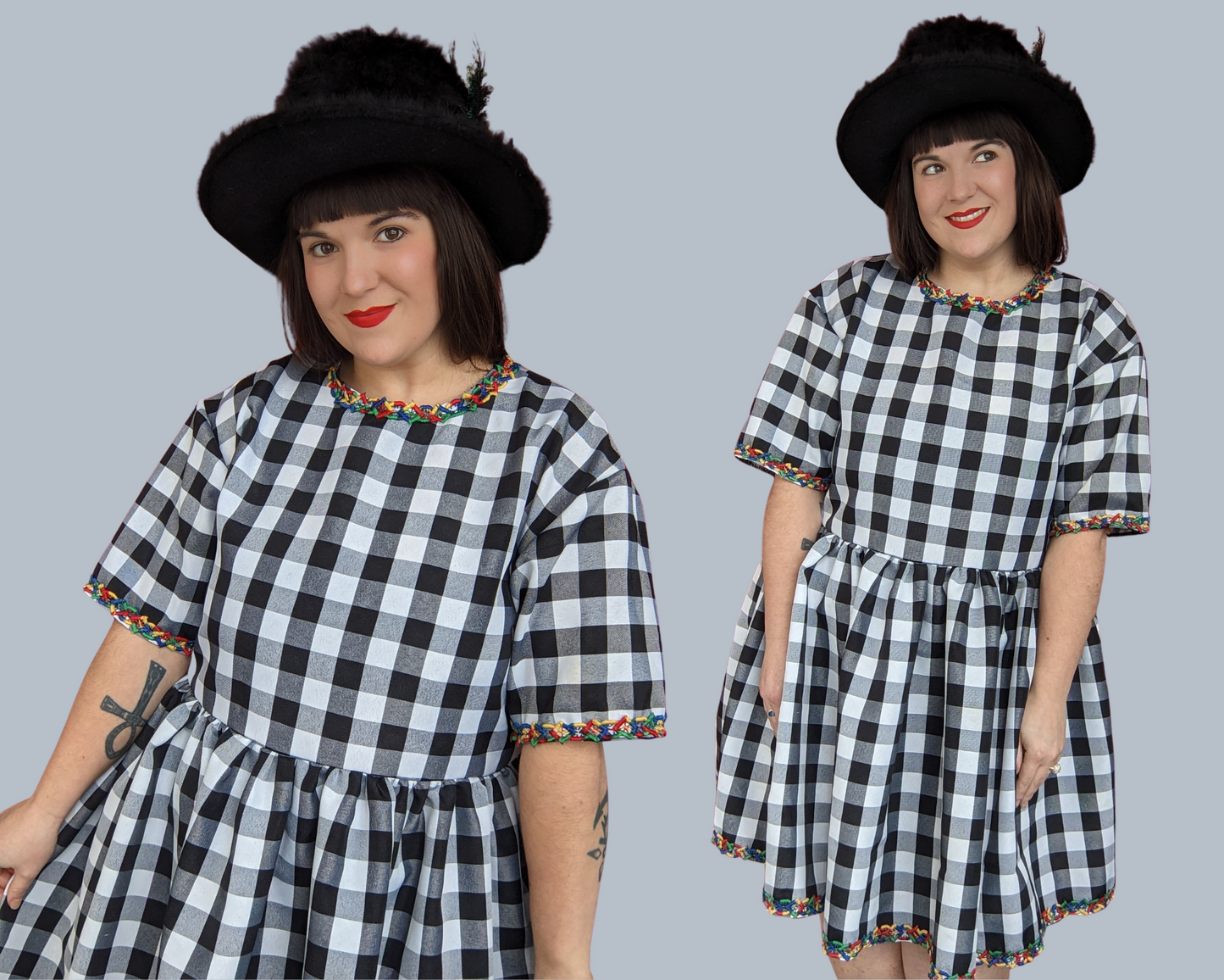 Handmade, Upcycled Black and White Checkers Patterned Table Cloth T-Shirt Dress Fits S-M-L-XL