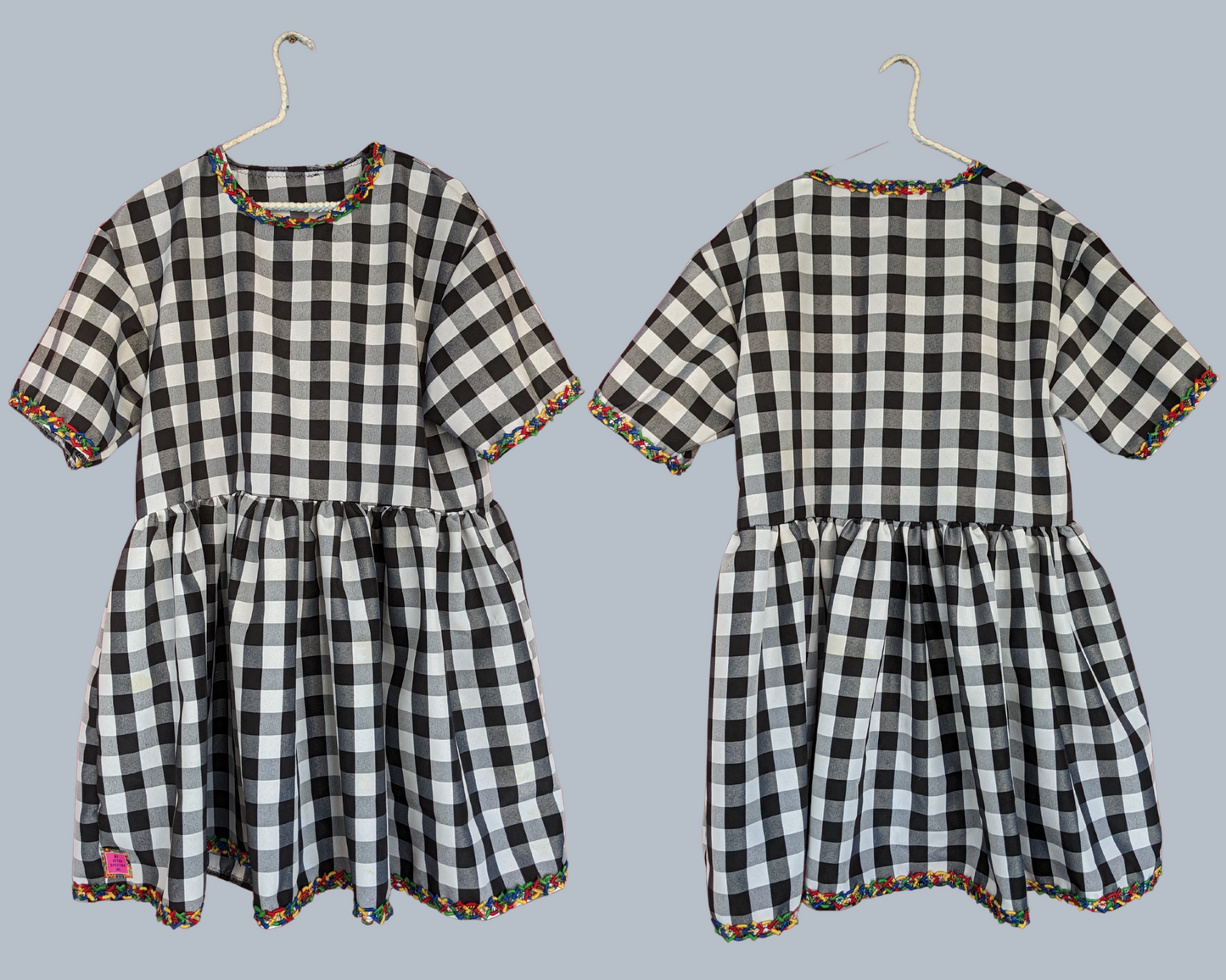 Handmade, Upcycled Black and White Checkers Patterned Table Cloth T-Shirt Dress Fits S-M-L-XL