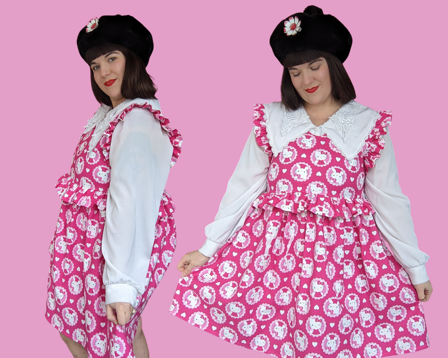 Handmade and Upcycled Hello Kitty Pink Fabric Short Ruffled Sleeves Dress Size L/XL