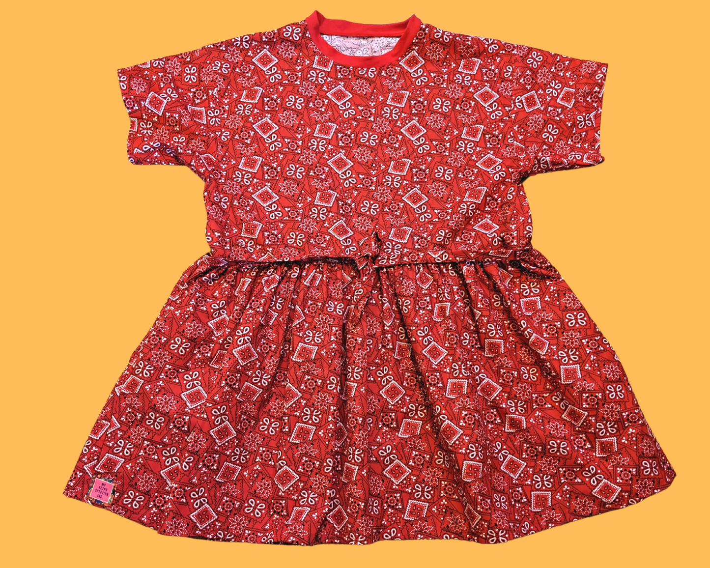 Handmade, Upcycled Red Paisley, Bandana Styled Fabric T-Shirt Dress Fits S-M-L-XL