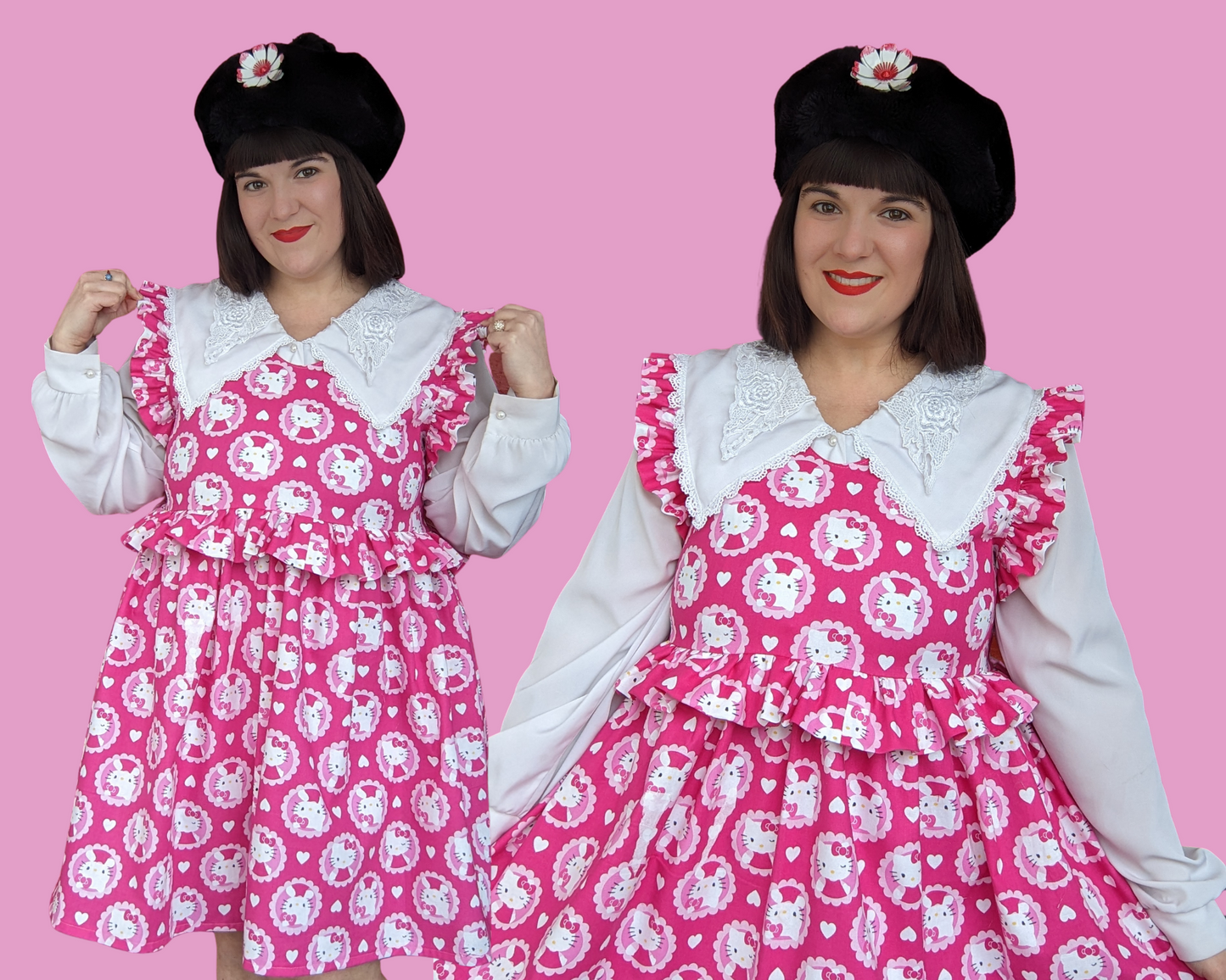 Handmade and Upcycled Hello Kitty Pink Fabric Short Ruffled Sleeves Dress Size L/XL