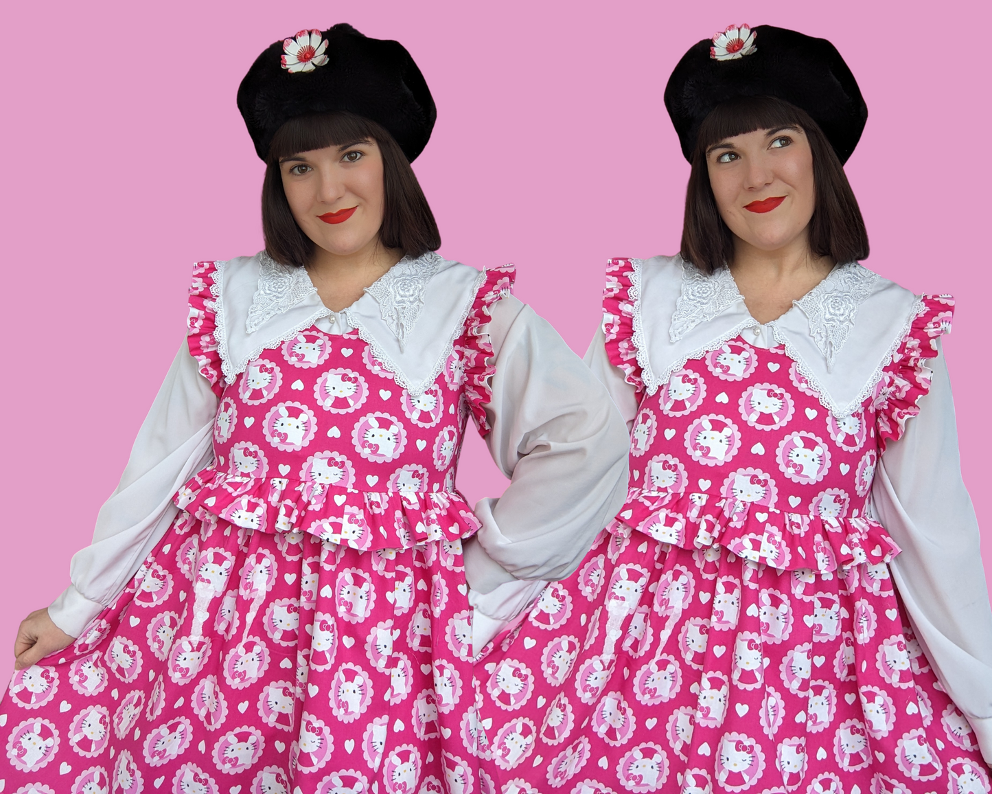 Handmade and Upcycled Hello Kitty Pink Fabric Short Ruffled Sleeves Dress Size L/XL