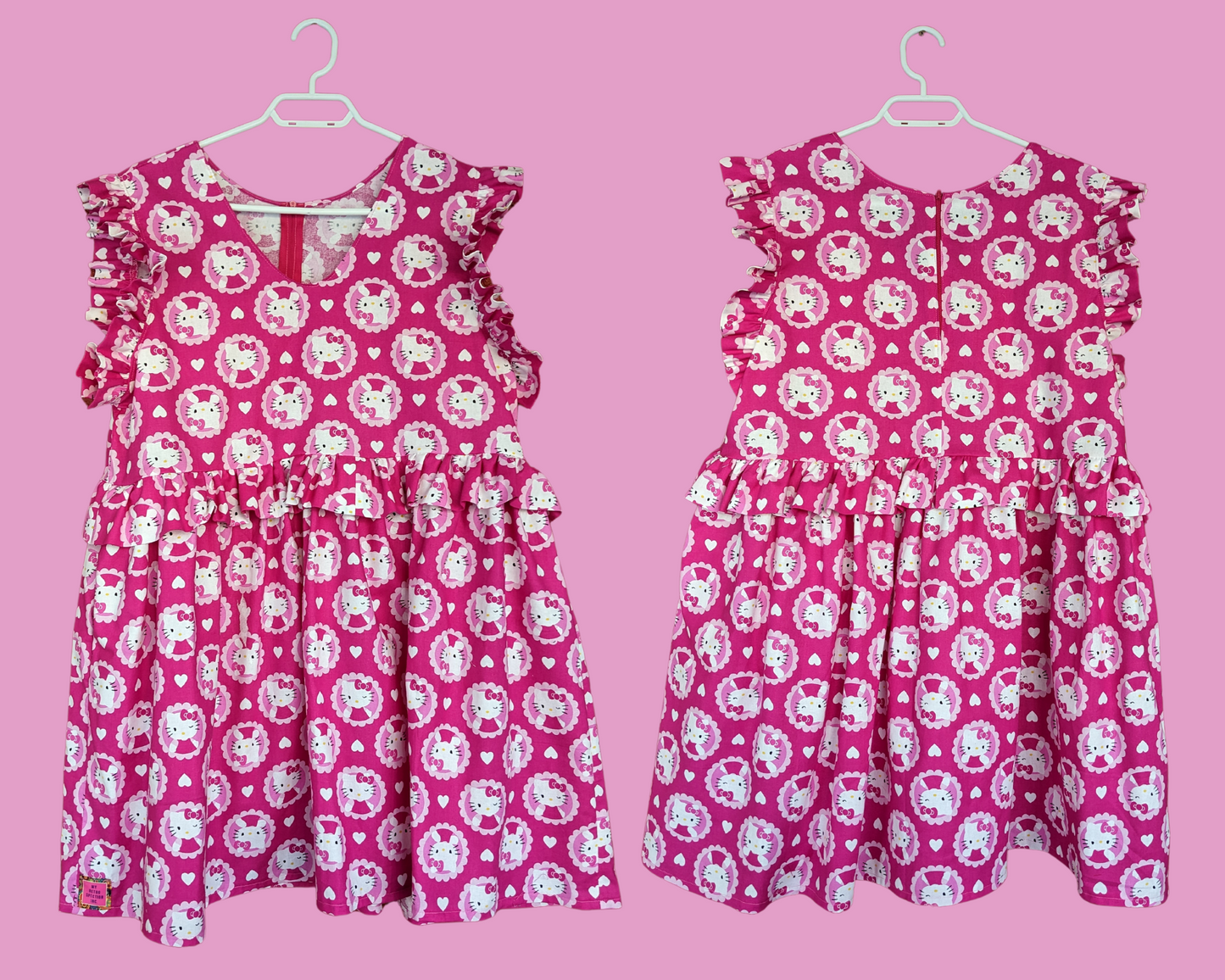 Handmade and Upcycled Hello Kitty Pink Fabric Short Ruffled Sleeves Dress Size L/XL