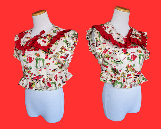 Handmade, Upcycled Vintage 1960's Colorful Kitchen Themed Patterned Blouse with Matching Collar S