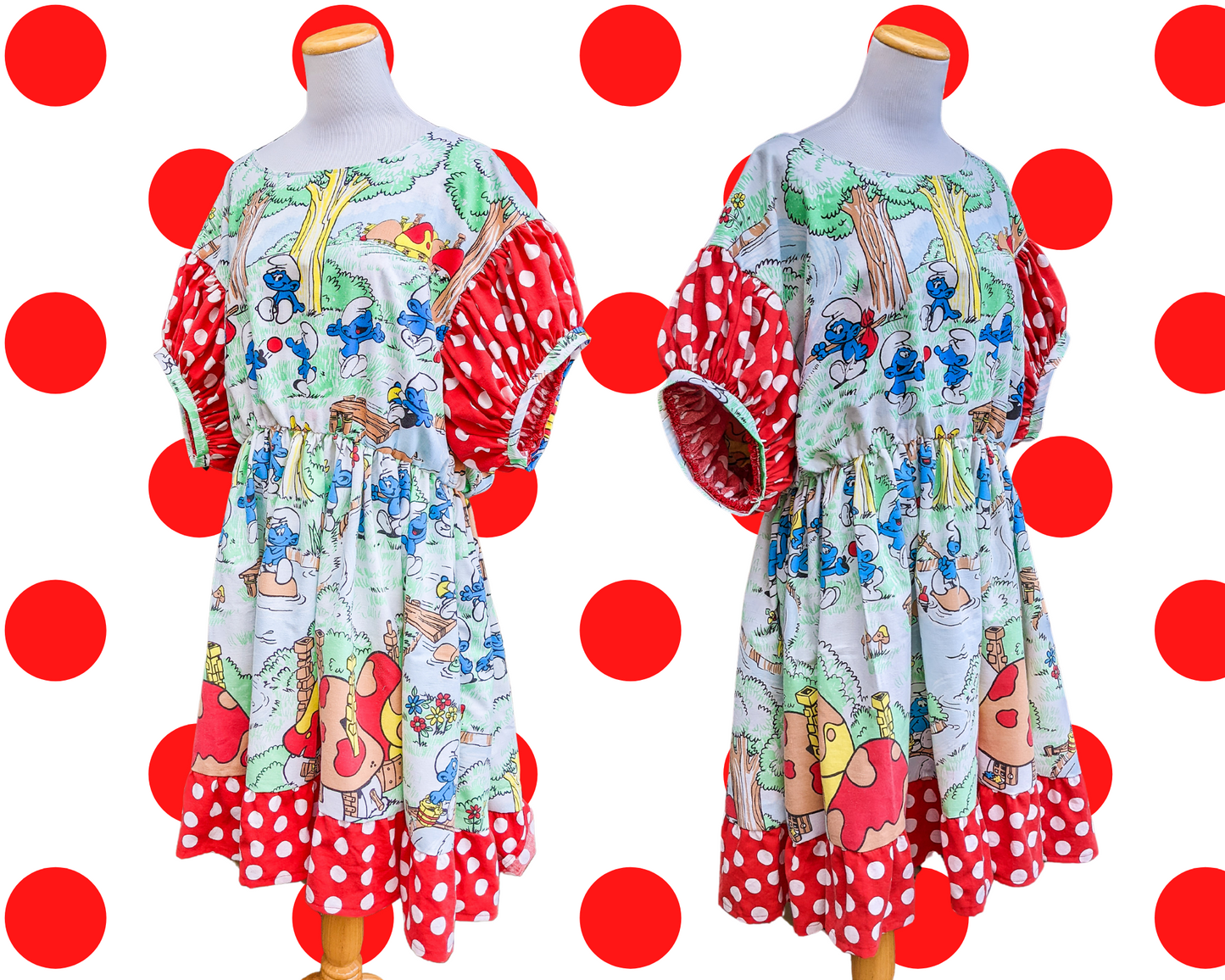 Handmade, Upcycled The Smurfs Bedsheet Dress with Red and White Polka Dot Fabric, Short Puffy Sleeves Size 2XL