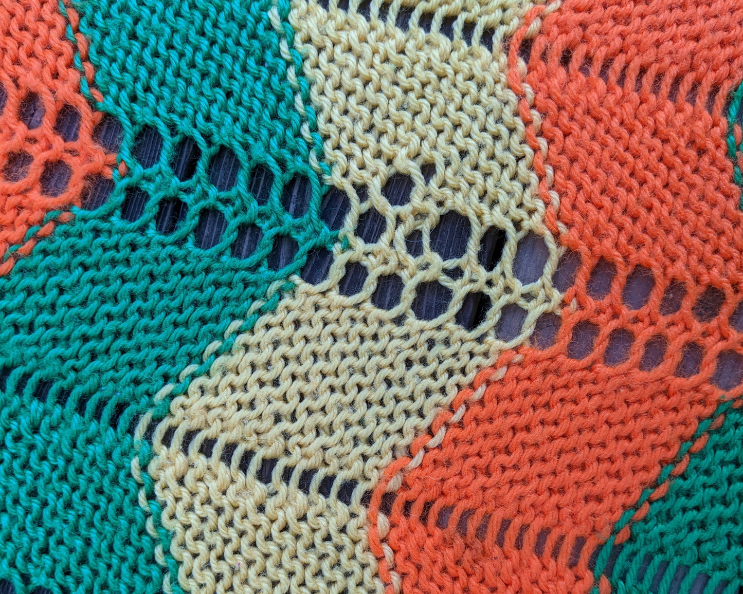 Vintage 1970's Green, Orange and Yellow Wool Crochet Blanket