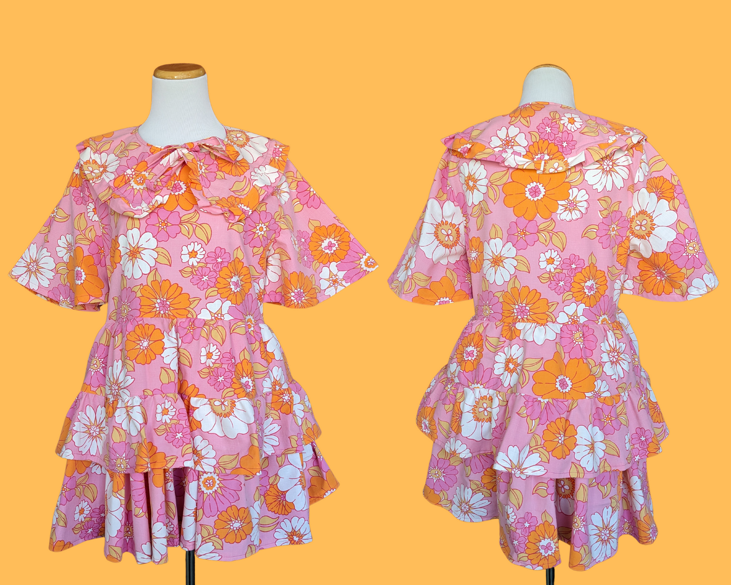 Handmade, Upcycled Vintage 1960's Pink and Orange Floral Bedsheet Dress with Matching Detachable Collar Size S