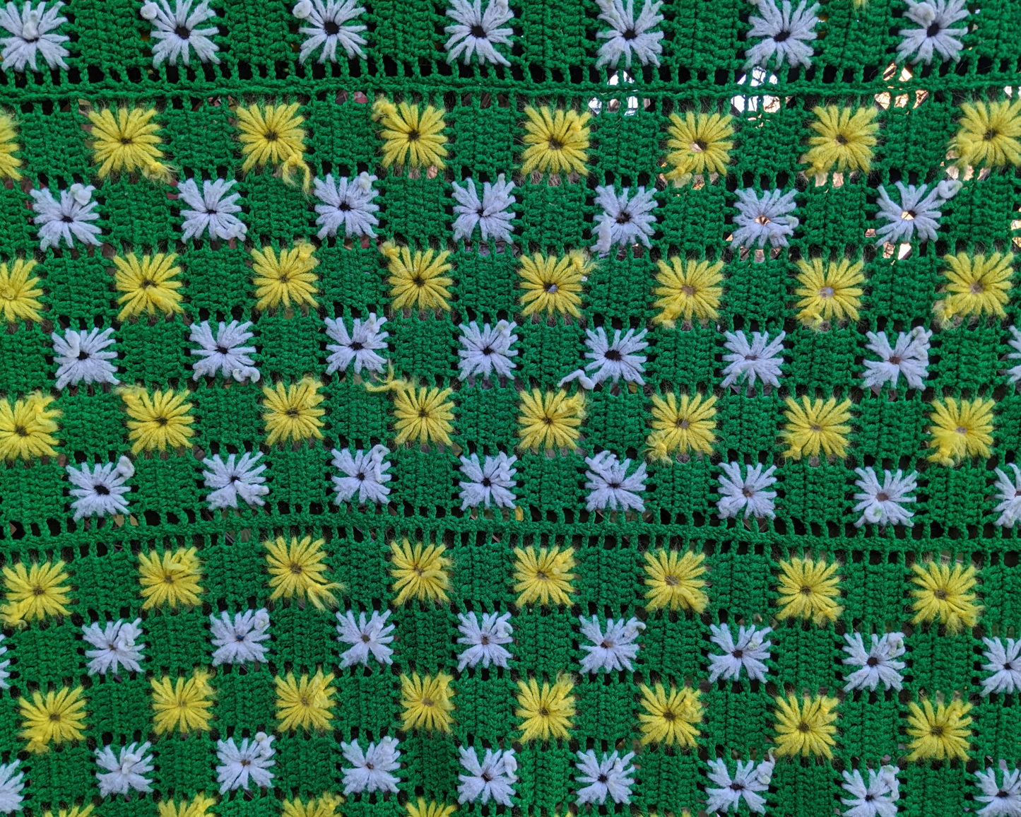Vintage 1960's Green, Yellow and White Acrylic Crochet Blanket