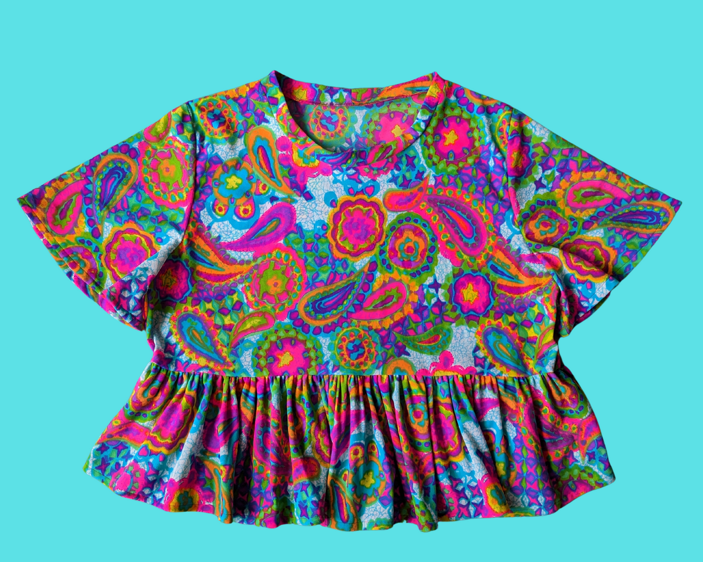 Handmade, Upcycled Vintage 1960's Inspired Rainbow, Psychedelic Polyester Blouse Size 2XL