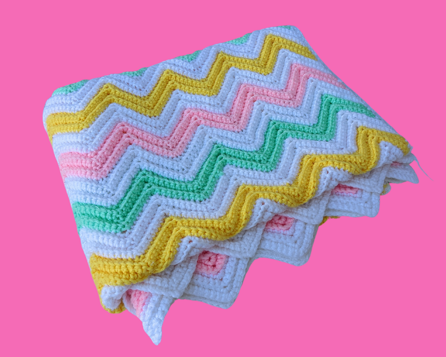 Vintage 1960's Pink, Green, Yellow and White Wool Crochet Blanket