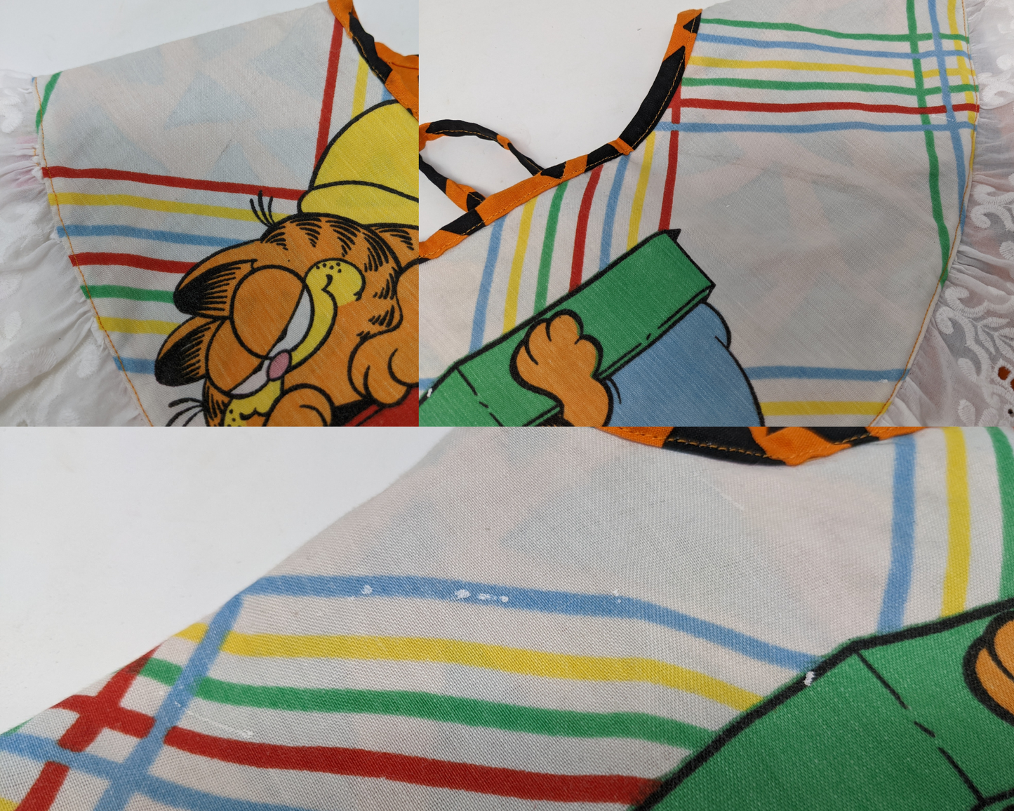Collier de pèlerin réversible fait à la main, recyclé et avec volant fabriqué avec un drap Garfield et un tissu noir et orange