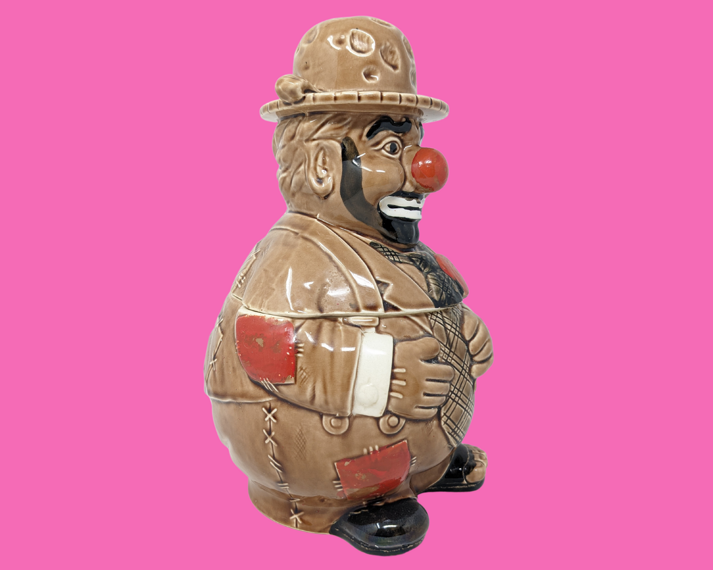Vintage 1960's Hobo Clown Hand Painted Cookie Jar Made in Japan Imported by Woolworth