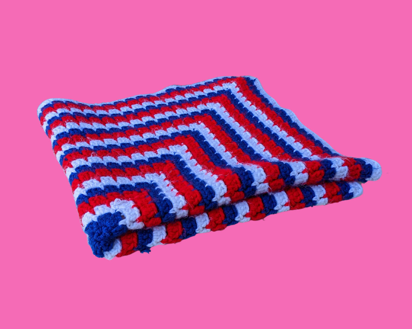 Vintage 1970's Blue, Red and White Wool Crochet Blanket
