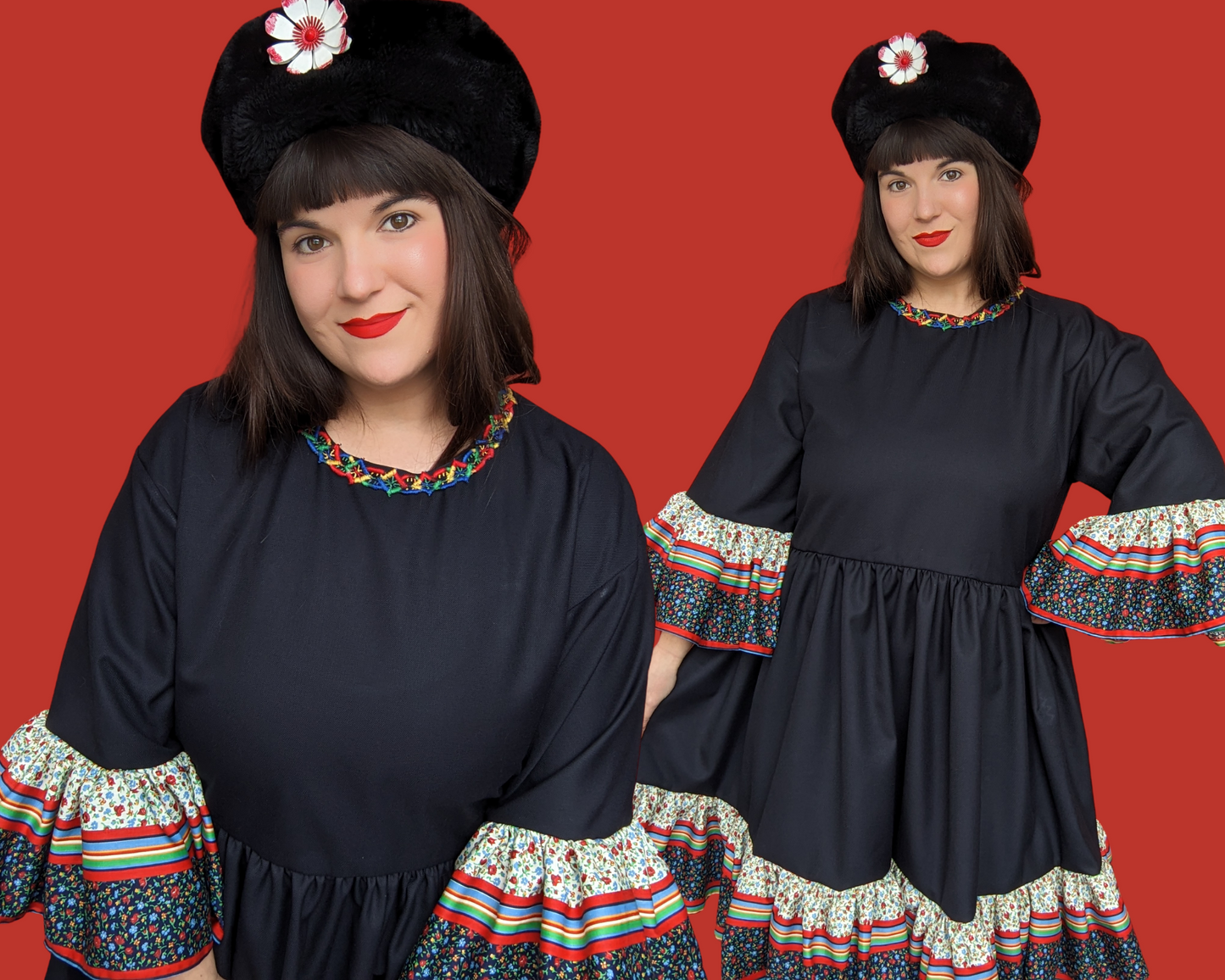 Handmade, Upcycled Black Fabric with Vintage 1970's Floral Fabric T-Shirt Dress Fits S-M-L-XL