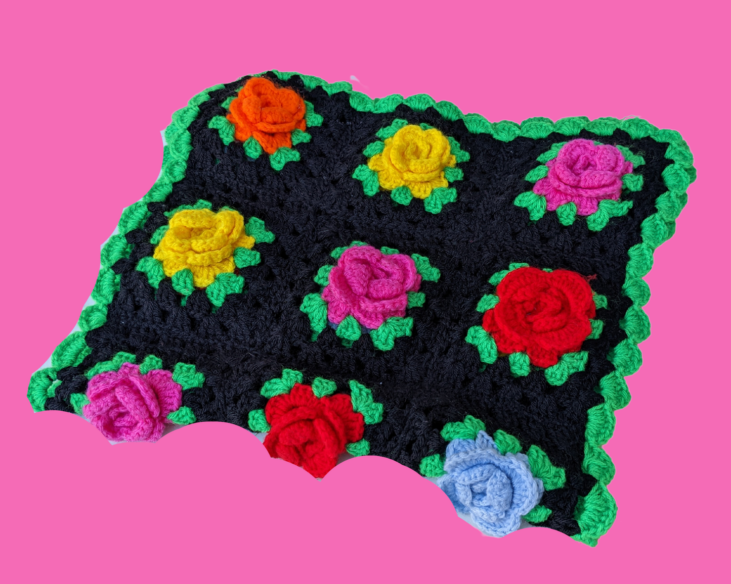 Vintage 1960's Small Rose Buds Crochet Blanket