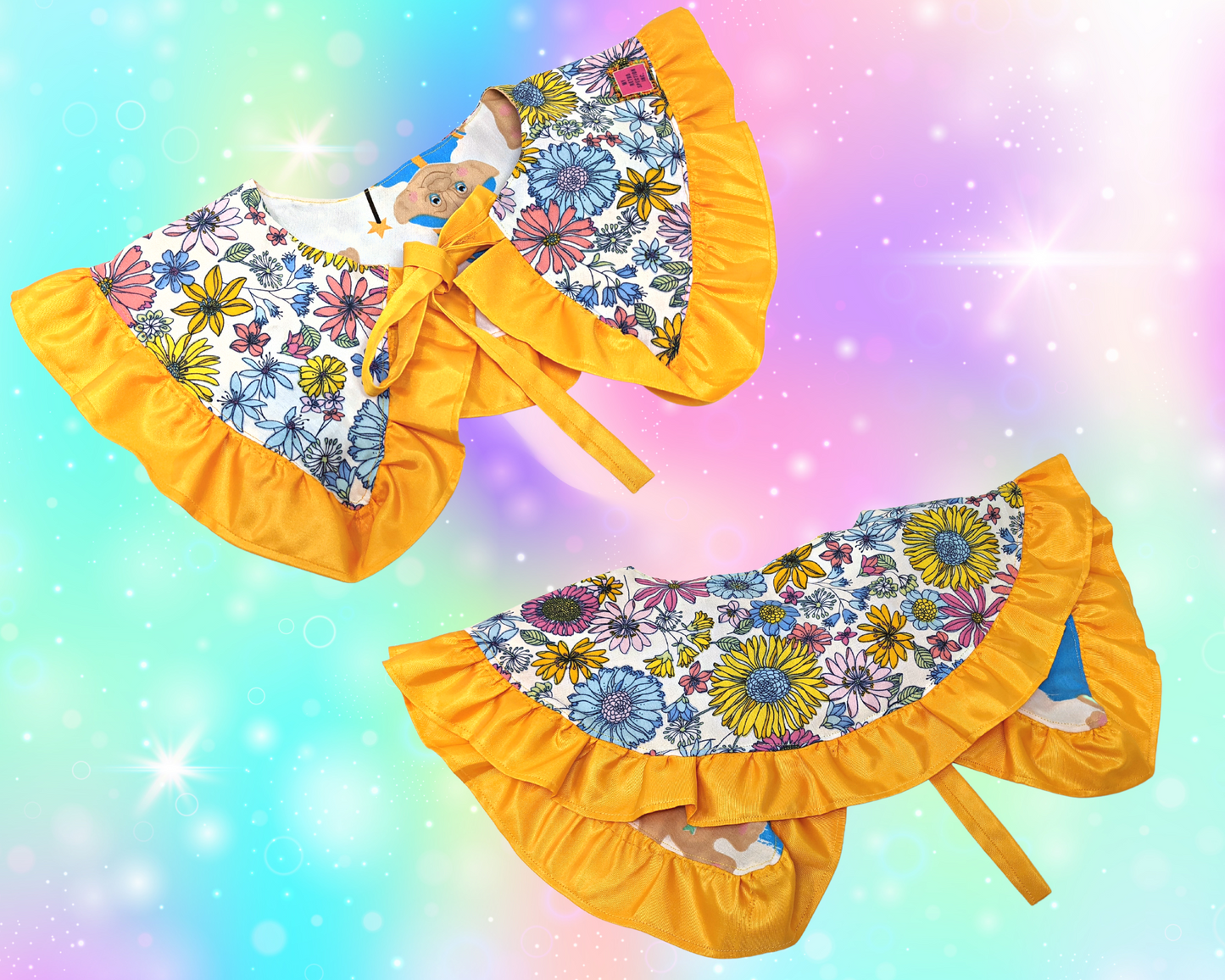 Handmade, Upcycled, Reversible Pilgrim Collar with Frill Made With a Vintage Trolls Bedsheet and Vintage Floral Fabric
