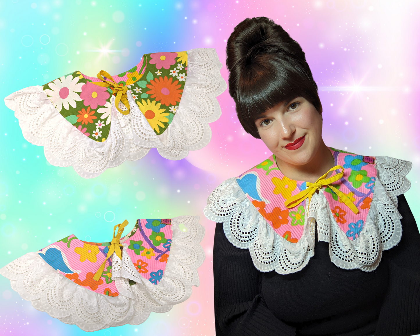 Handmade, Upcycled, Reversible Pilgrim Collar with Frill Made With Two Vintage Fabrics