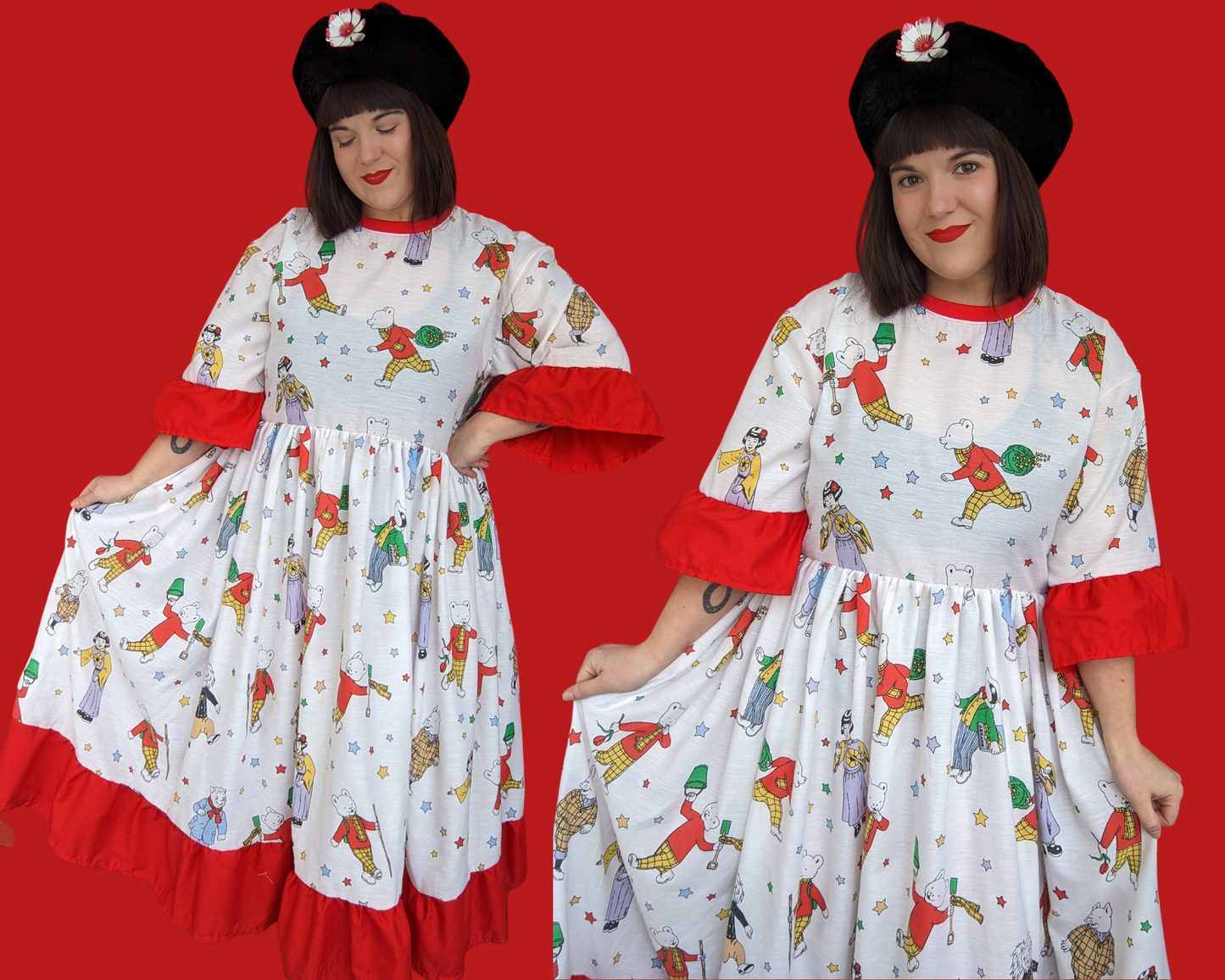 Fait à la main, Upcycled Vintage 1990's Rupert Bear Bedsheet Maxi T-Shirt Dress Fits SML-XL