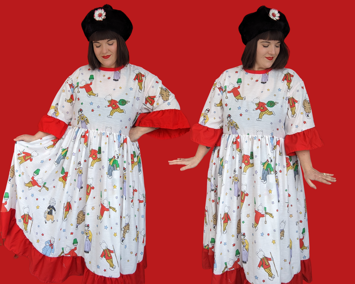 Fait à la main, Upcycled Vintage 1990's Rupert Bear Bedsheet Maxi T-Shirt Dress Fits SML-XL