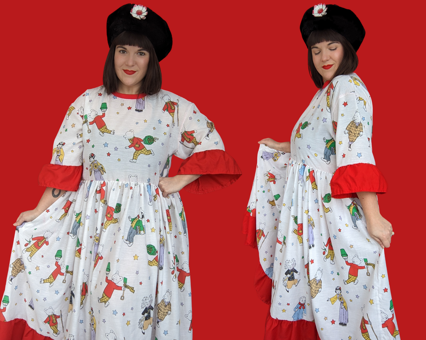Fait à la main, Upcycled Vintage 1990's Rupert Bear Bedsheet Maxi T-Shirt Dress Fits SML-XL