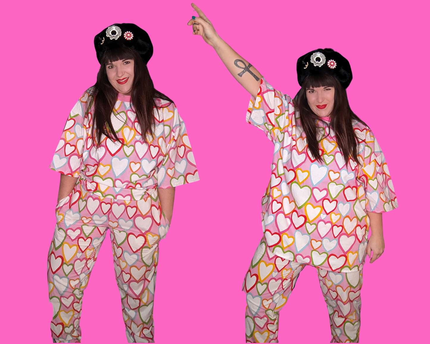 Handmade, Upcycled Pink and Rainbow Hearts Patterned Fabric Pajama Set, T-Shirt and Bottoms, Size M and 2XL