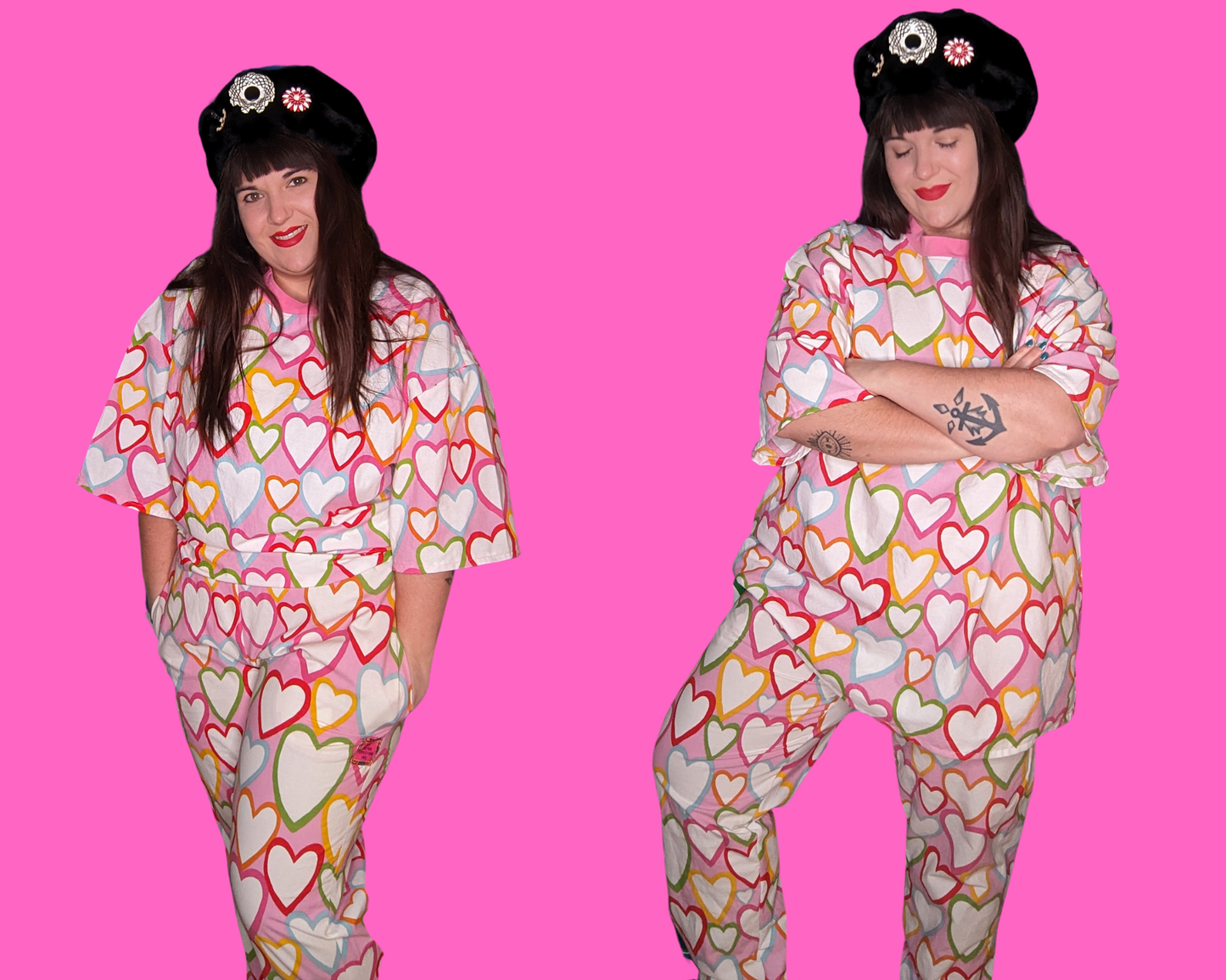Handmade, Upcycled Pink and Rainbow Hearts Patterned Fabric Pajama Set, T-Shirt and Bottoms, Size M and 2XL