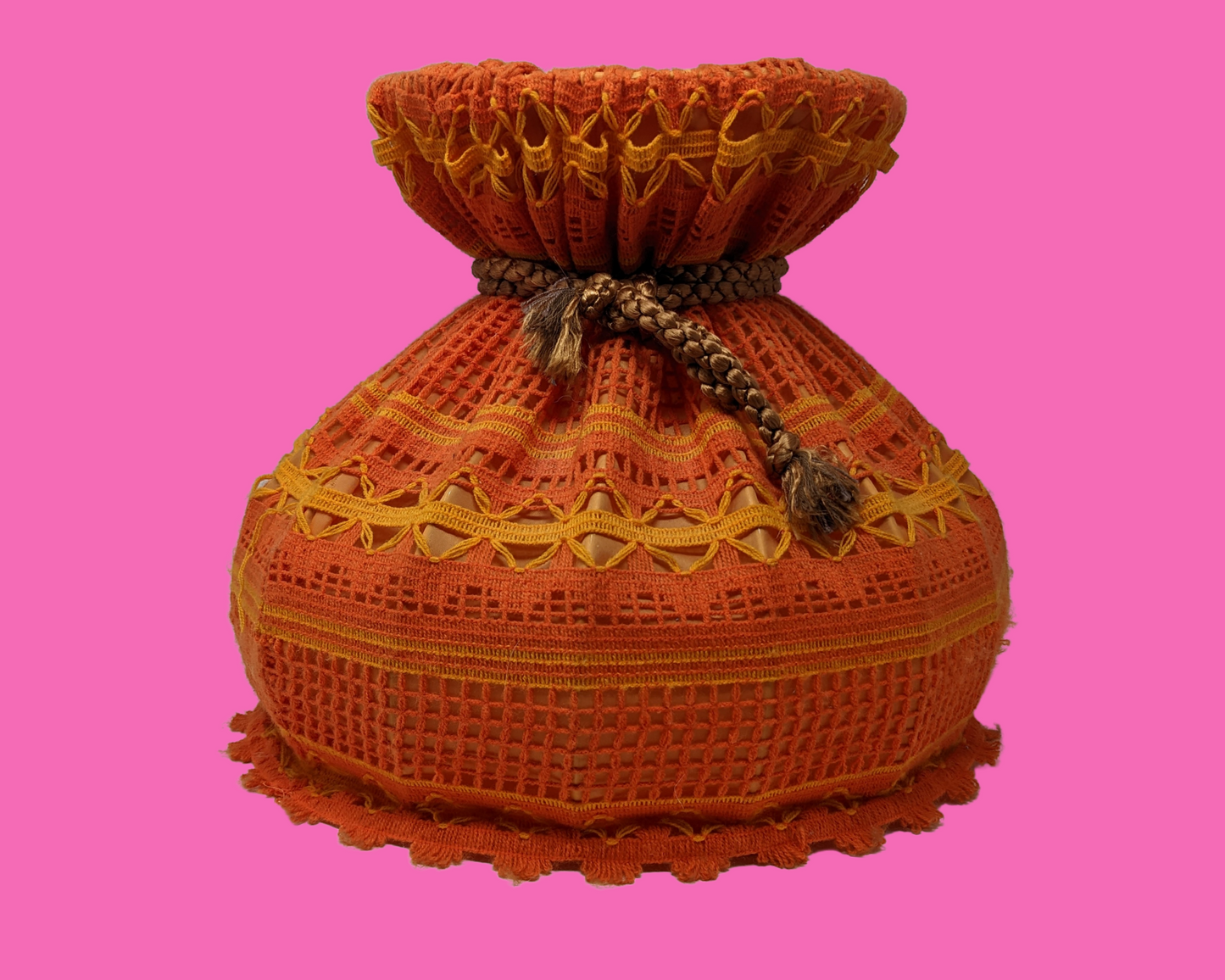 Vintage 1970's Orange Wool, Crochet, Macrame Lamp Shade