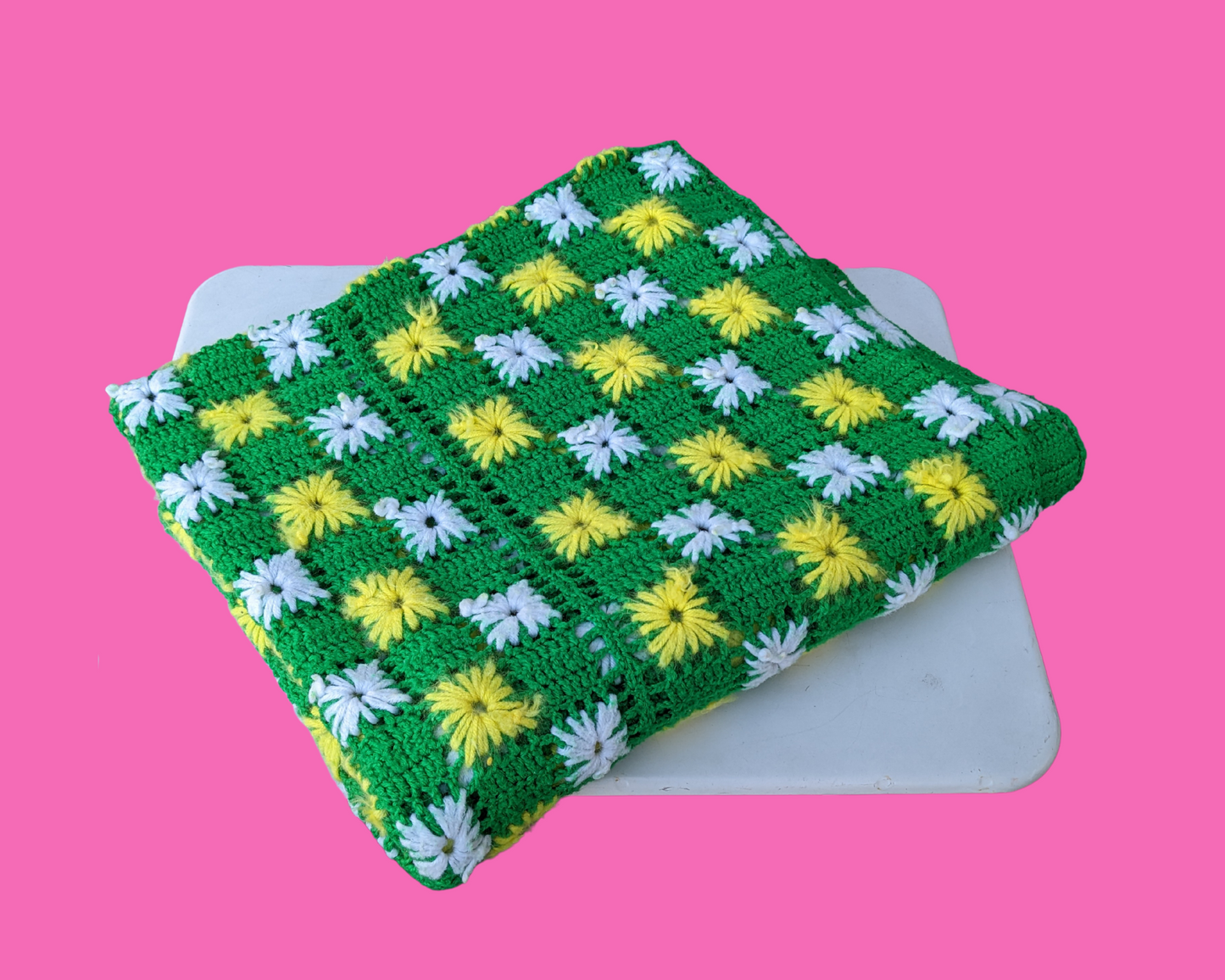 Vintage 1960's Green, Yellow and White Acrylic Crochet Blanket