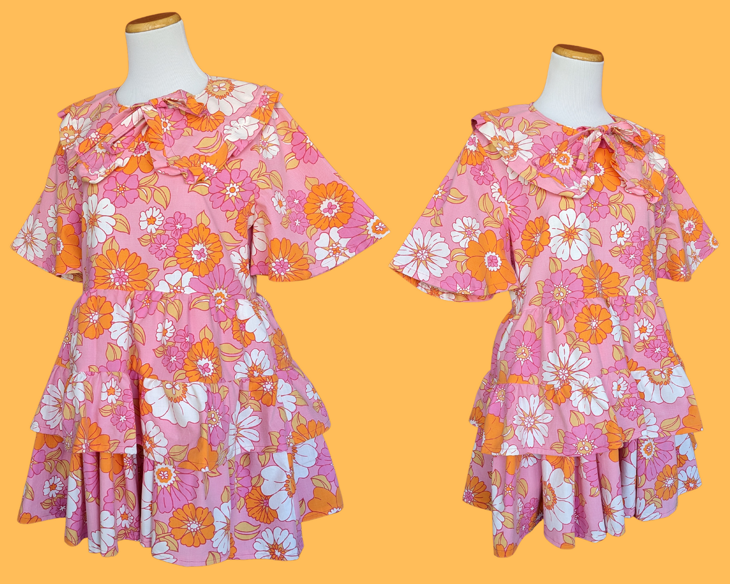 Handmade, Upcycled Vintage 1960's Pink and Orange Floral Bedsheet Dress with Matching Detachable Collar Size S