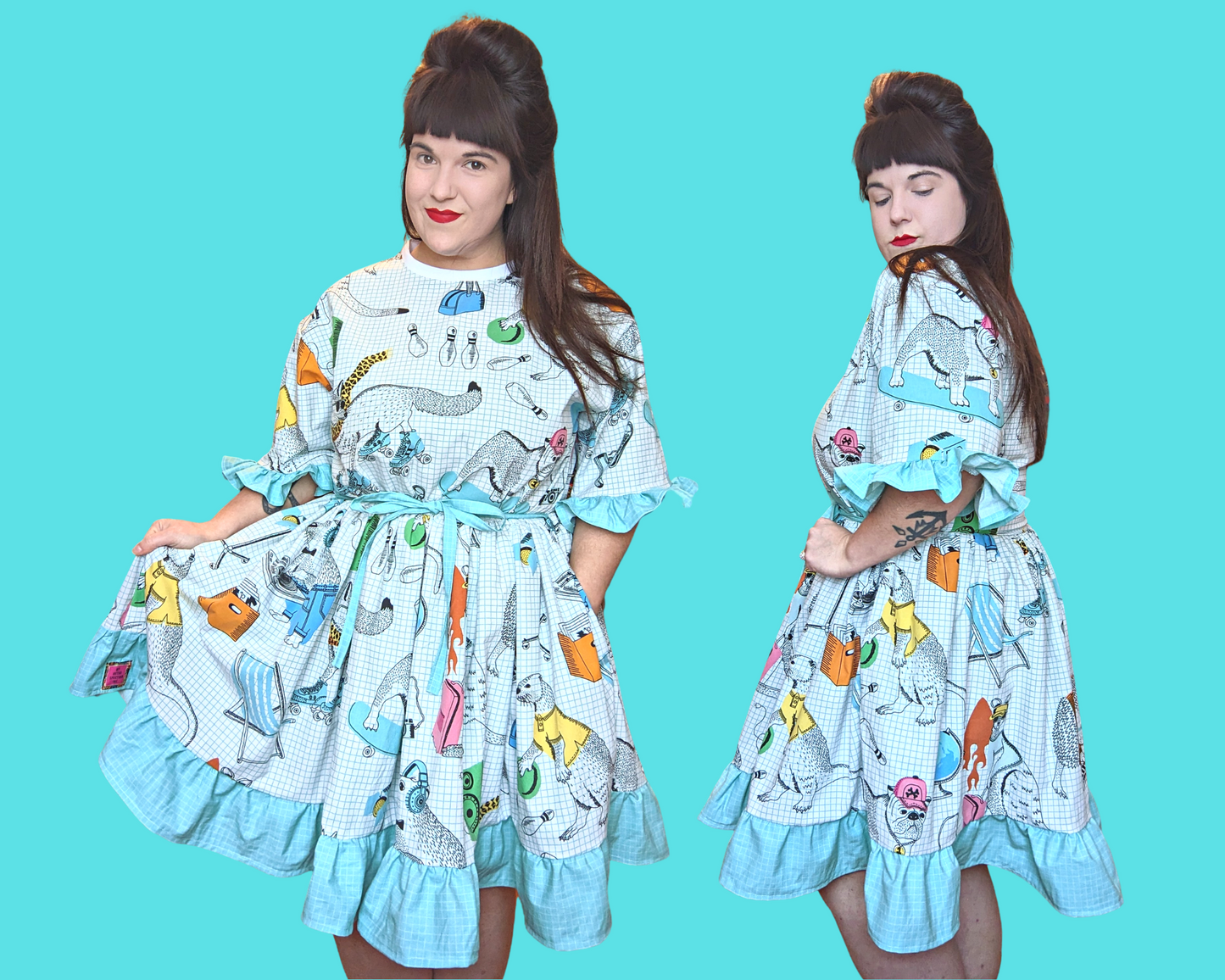 Fait à la main, Upcycled Vintage 1990's Inspiré Coloré, Animal Print Bedsheet T-Shirt Dress Fits SML-XL