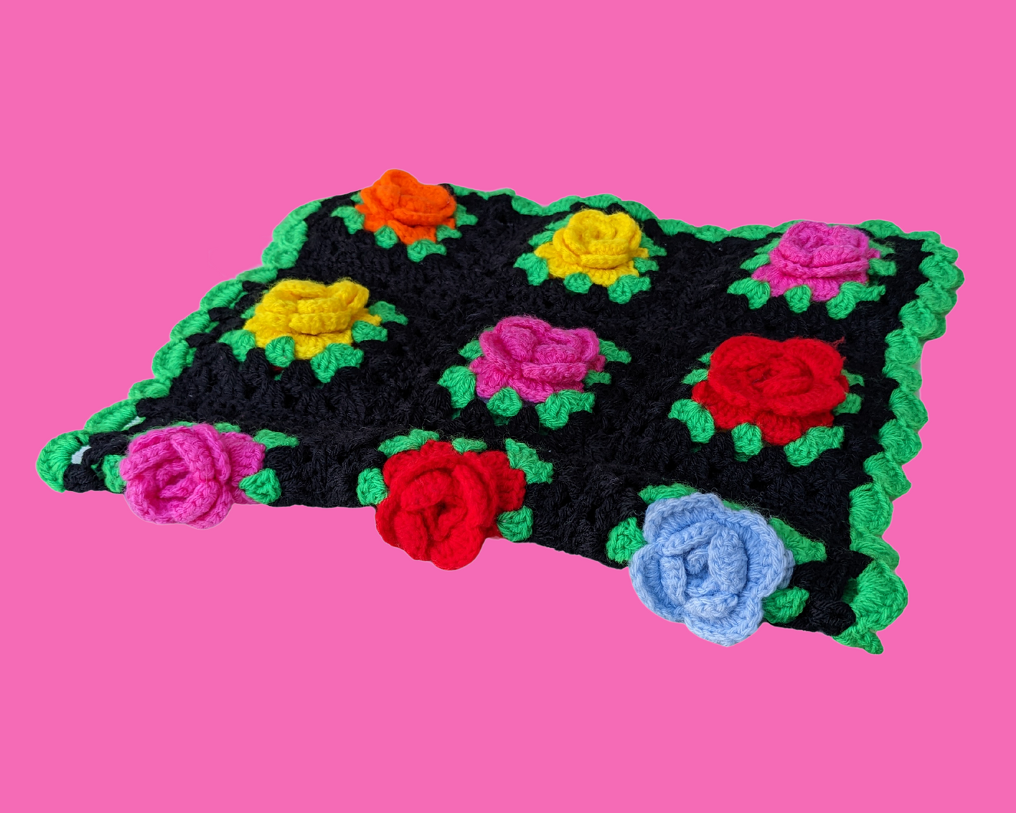 Vintage 1960's Small Rose Buds Crochet Blanket