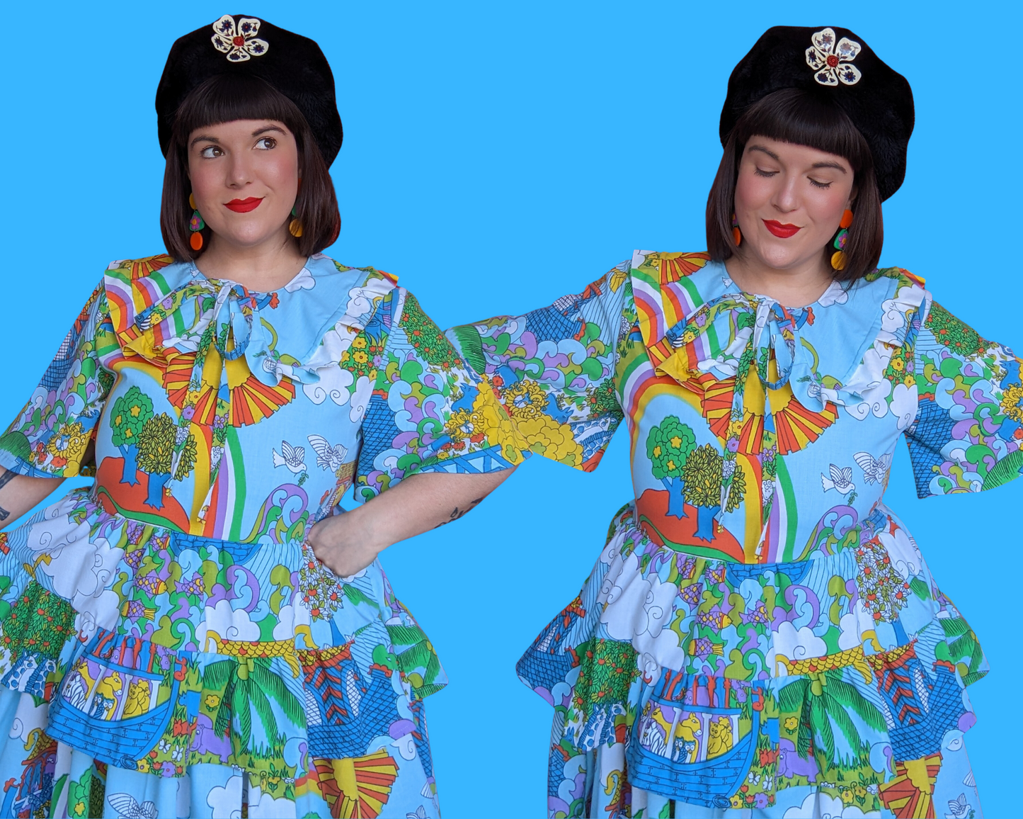 Handmade, Upcycled Vintage 1970's Colorful, Groovy, Noah's Ark Bedsheet Dress with Matching Detachable Collar Size L