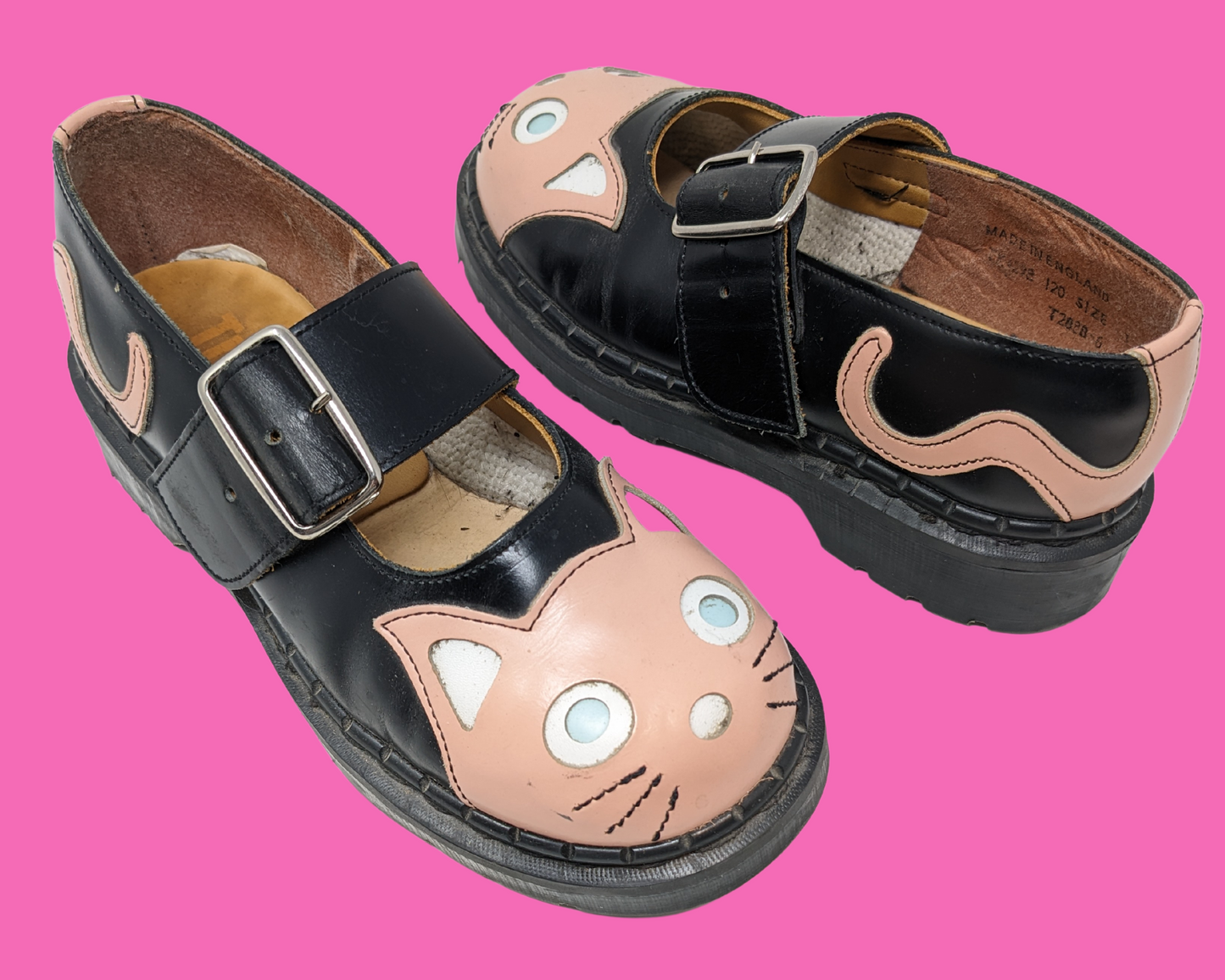 Vintage 1990's Tredair England Pink and Black Leather Kitties Shoes Size US 6.5