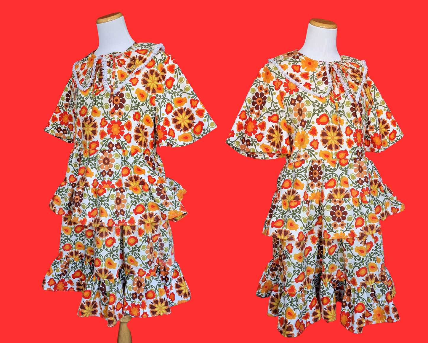 Handmade, Upcycled Vintage 1960's Floral Bedsheet Dress with Matching Detachable Collar Size M