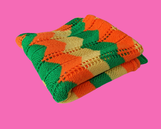 Vintage 1970's Green, Orange and Yellow Wool Crochet Blanket