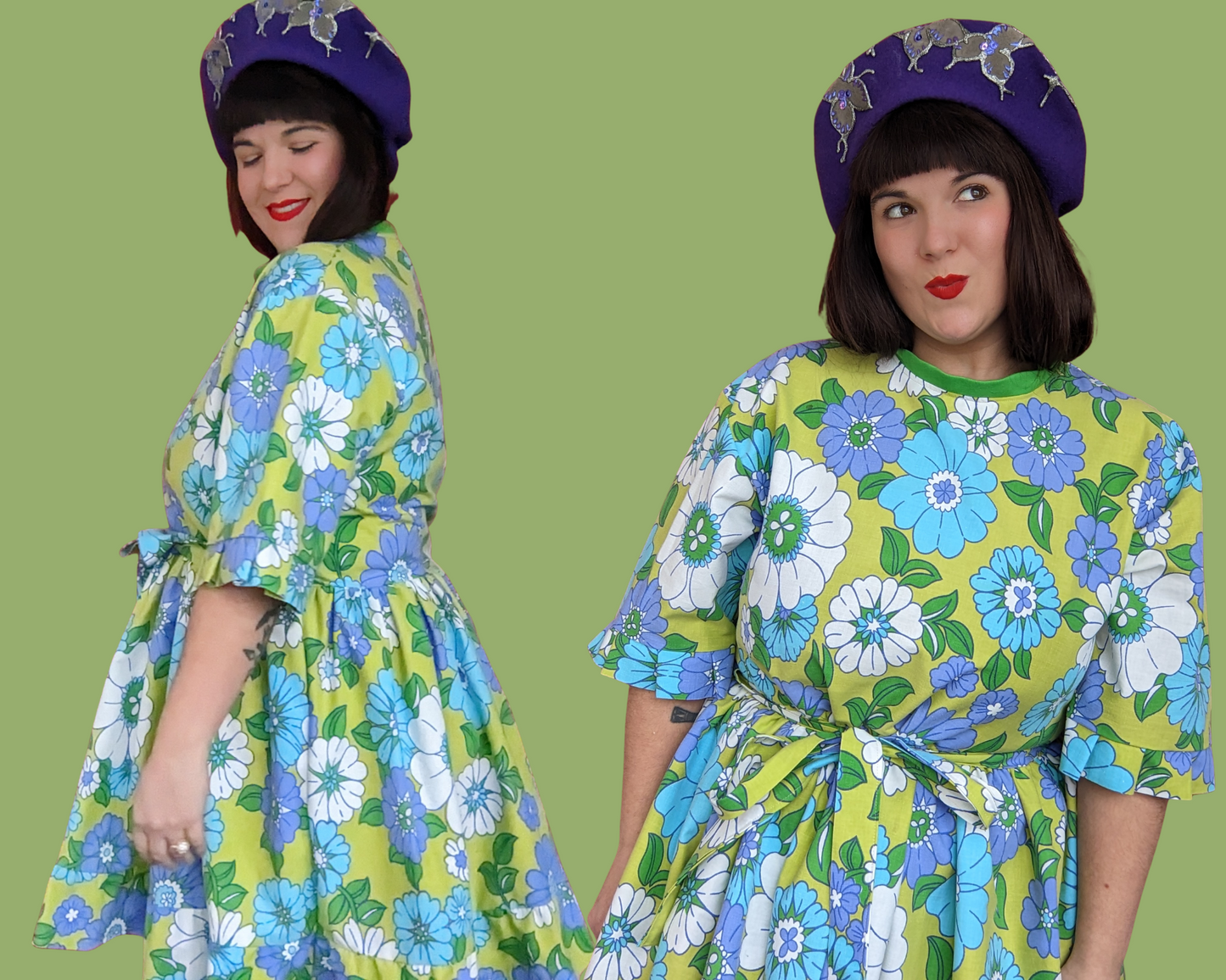 Handmade, Upcycled Vintage 1960's Floral Bedsheet T-Shirt Dress Fits S-M-L-XL