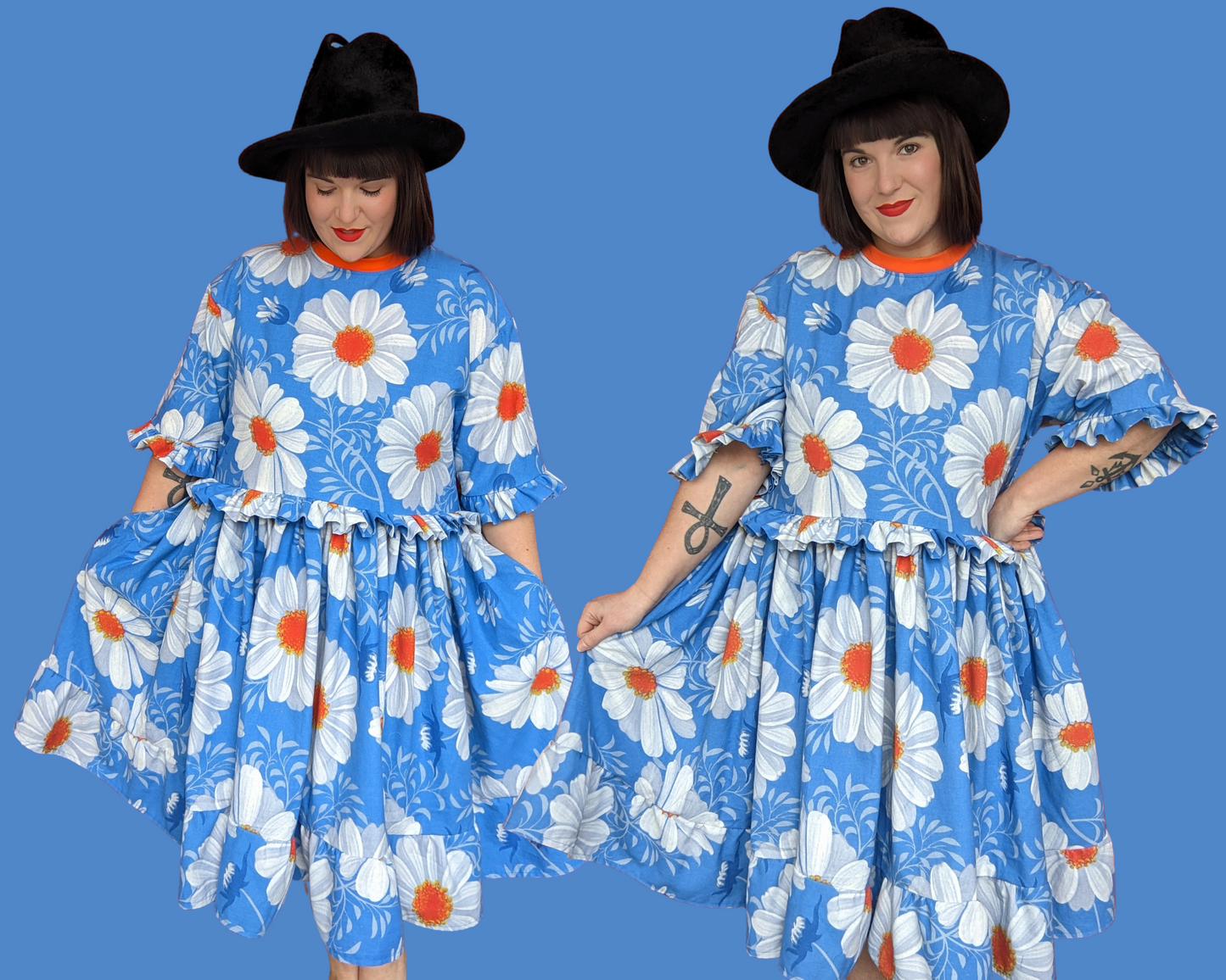 Handmade, Upcycled Vintage 1970's Blue and Daisies Patterned Maxi T-Shirt Dress Fits S-M-L-XL