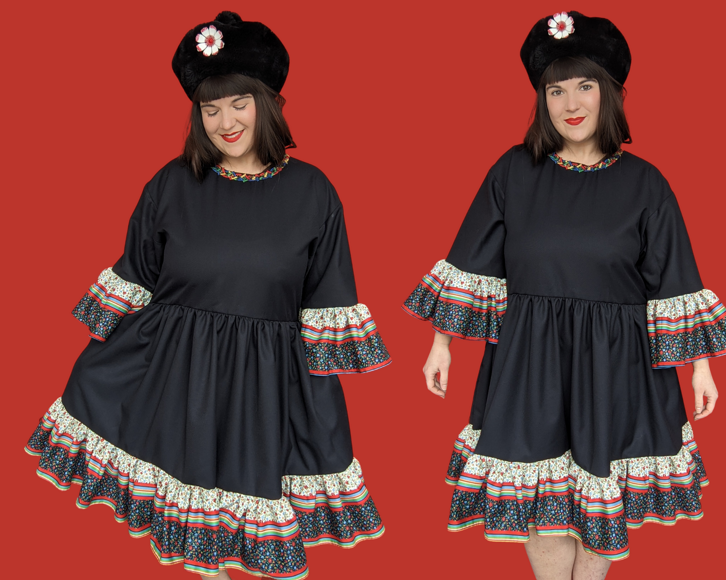 Handmade, Upcycled Black Fabric with Vintage 1970's Floral Fabric T-Shirt Dress Fits S-M-L-XL