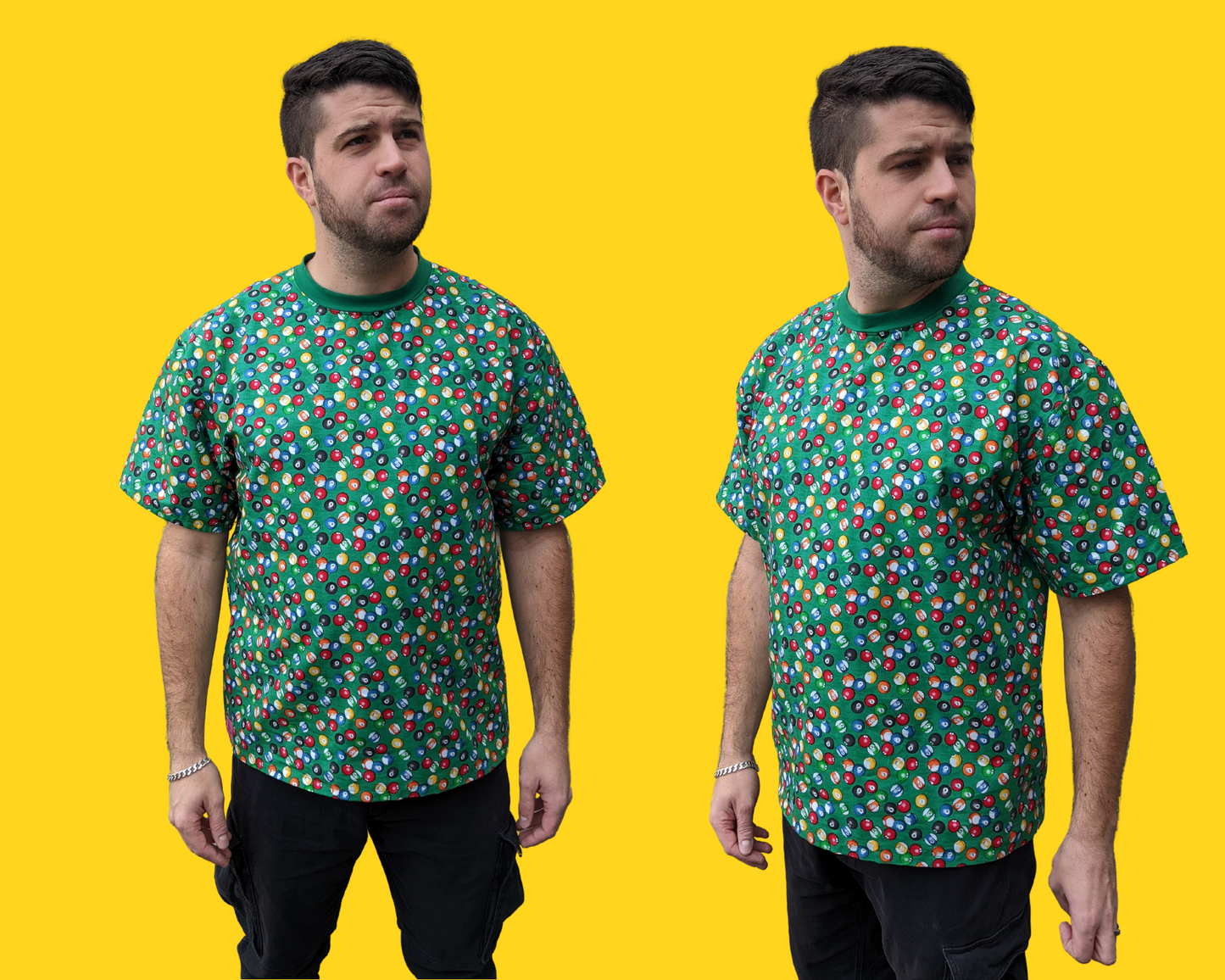 T-shirt en tissu à motifs de boules de billard recyclé fait à la main surdimensionné XS - Convient comme une taille M