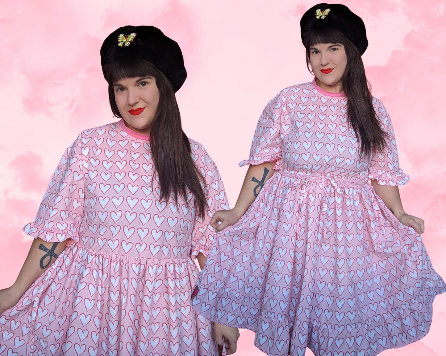 Handmade, Upcycled Valentine's Day Themed T-Shirt Dress, Pink Hearts Bedsheet Fits S-M-L-XL