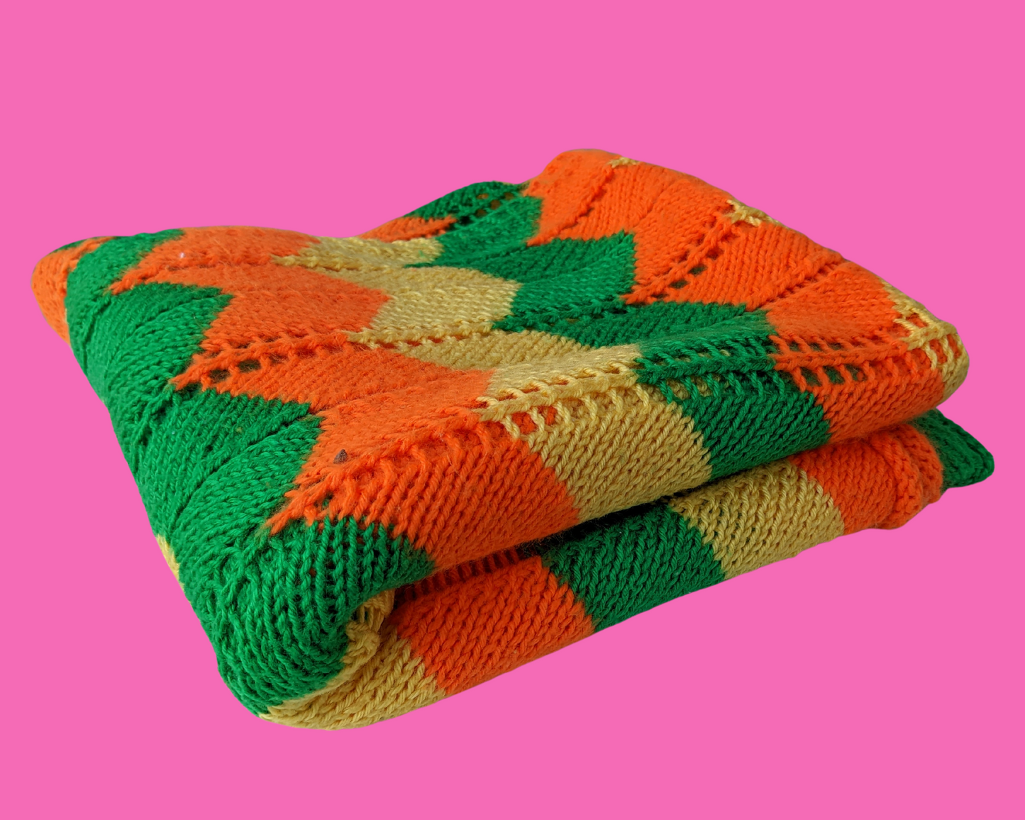 Vintage 1970's Green, Orange and Yellow Wool Crochet Blanket
