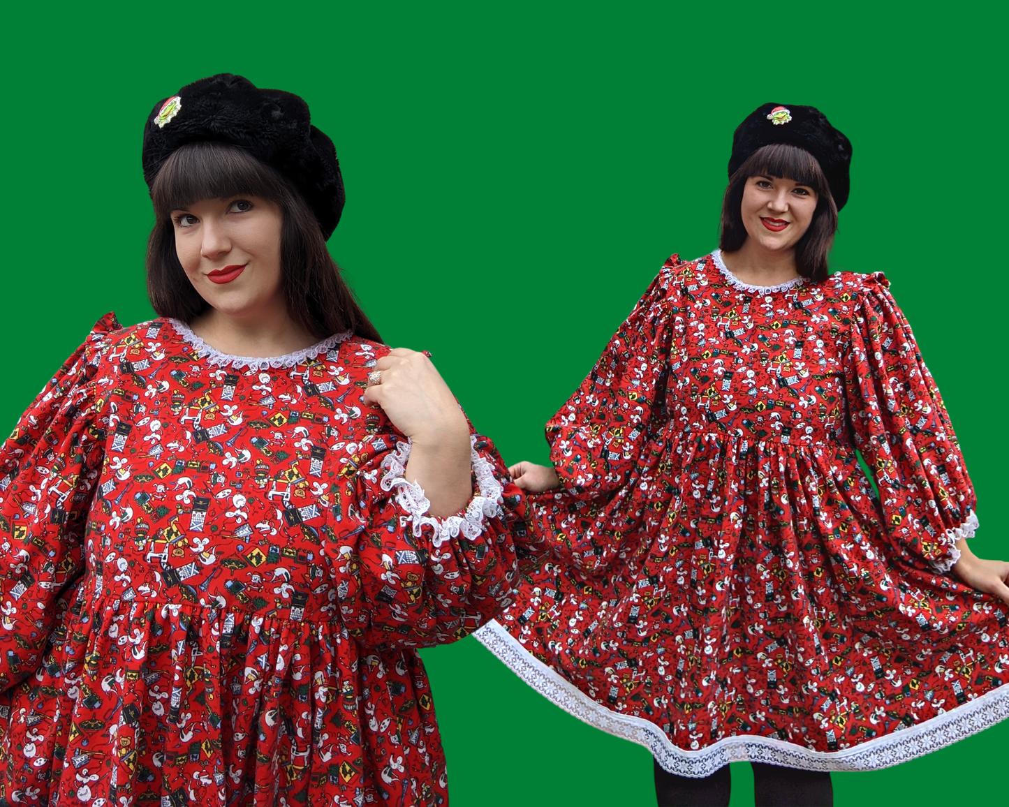 Handmade, Upcycled Vintage 1990's Christmas Fabric, Long Sleeve Dress with Lace Details Size L-XL